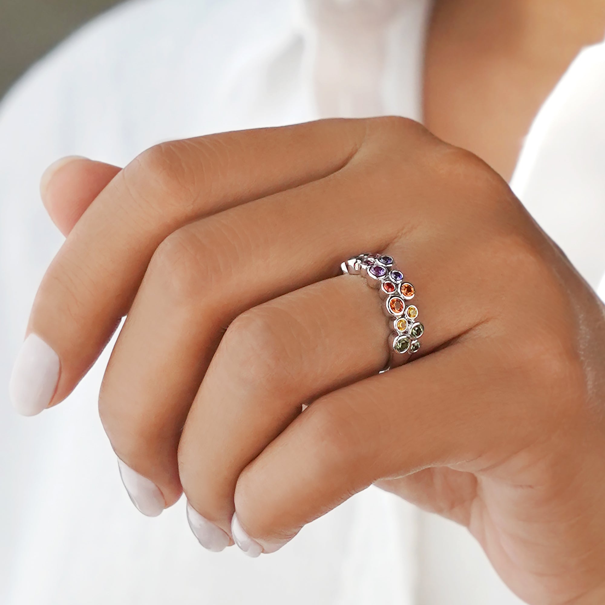 MULTI COLORED SAPPHIRE HALF ETERNITY RING - SOLID 18K WHITE GOLD | BITS OF BALI JEWELRY