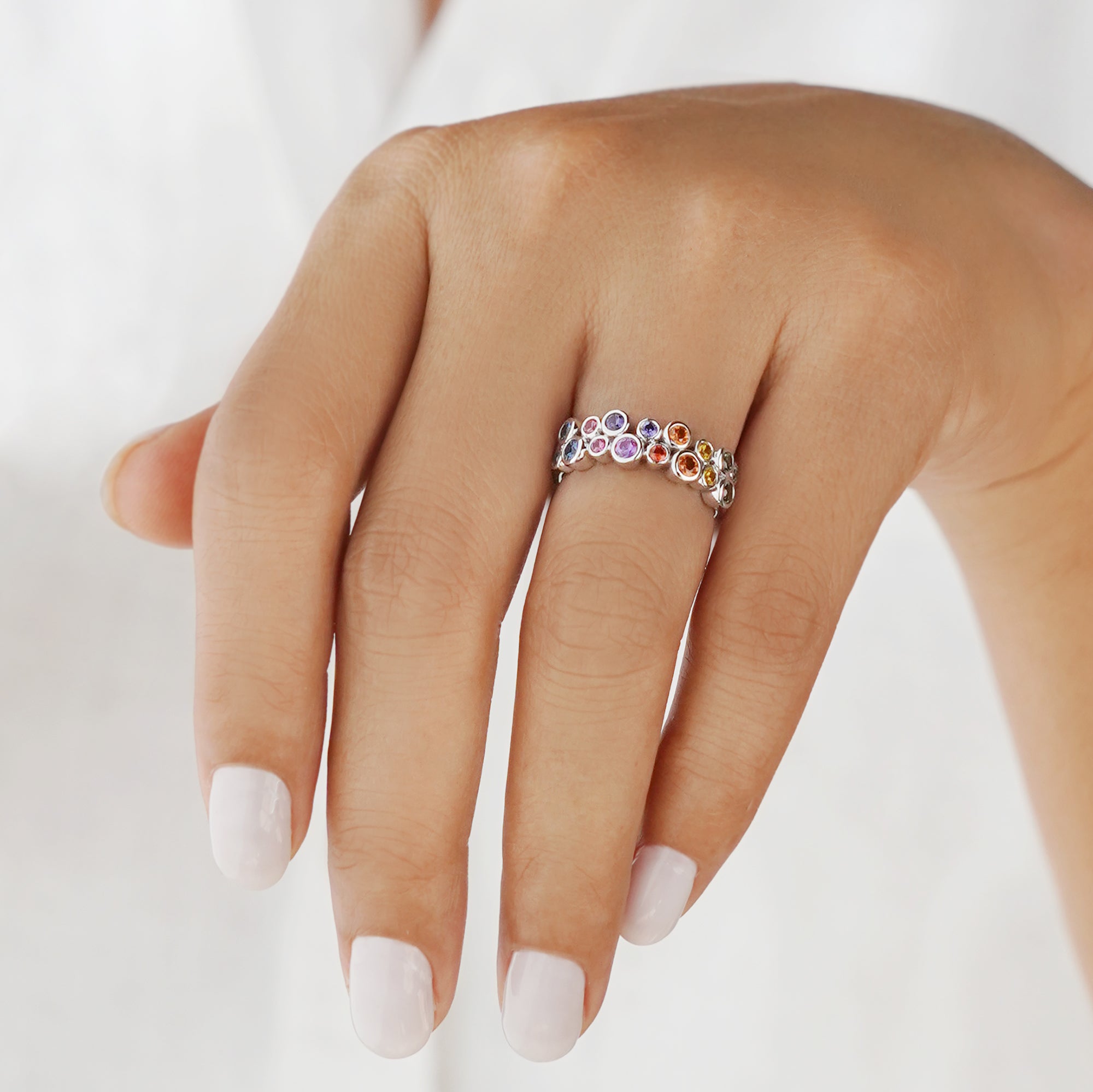 MULTI COLORED SAPPHIRE HALF ETERNITY RING - SOLID 18K WHITE GOLD | BITS OF BALI JEWELRY