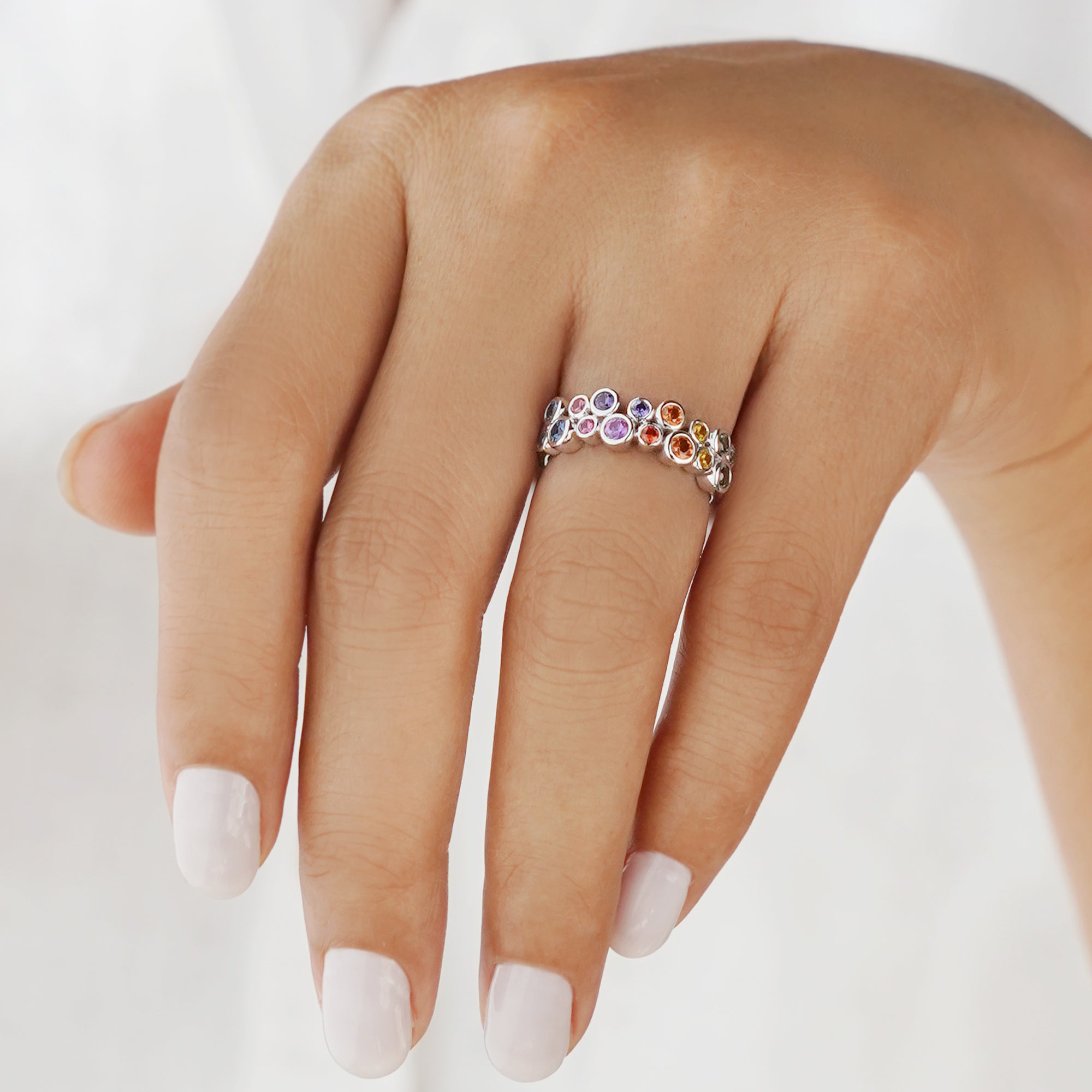 MULTI COLORED SAPPHIRE HALF ETERNITY RING - SOLID 18K WHITE GOLD | BITS OF BALI JEWELRY