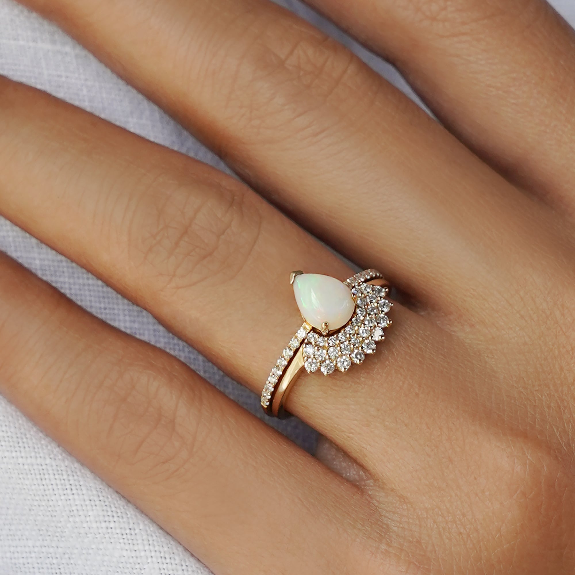 Australian Opal & Natural Diamonds Ring - Solid 14K Yellow Gold | BITS OF BALI JEWELRY