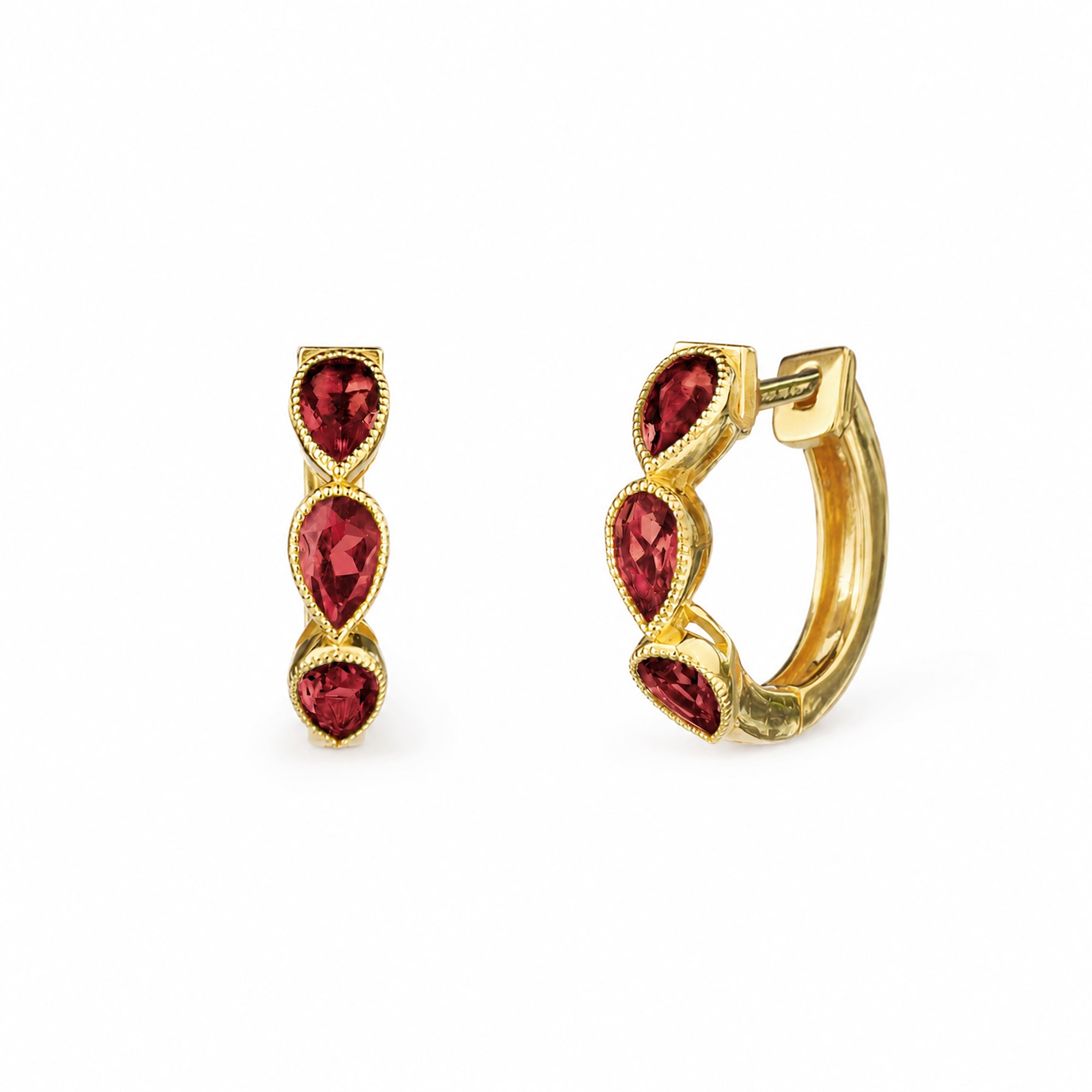 Three Pear Huggies - Garnet - Gold Vermeil
