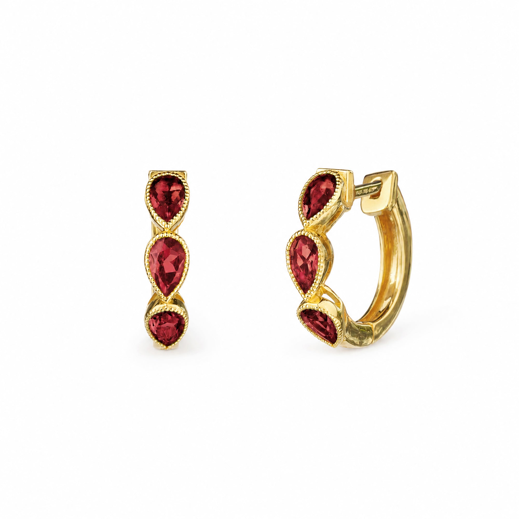 Three Pear Huggies Earring - Garnet - Gold Vermeil