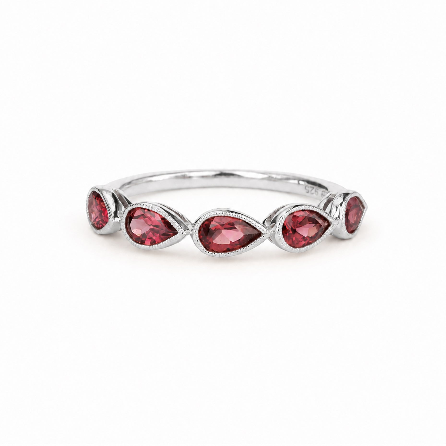 Pear-Shaped Garnet Half Eternity Ring - Sterling Silver