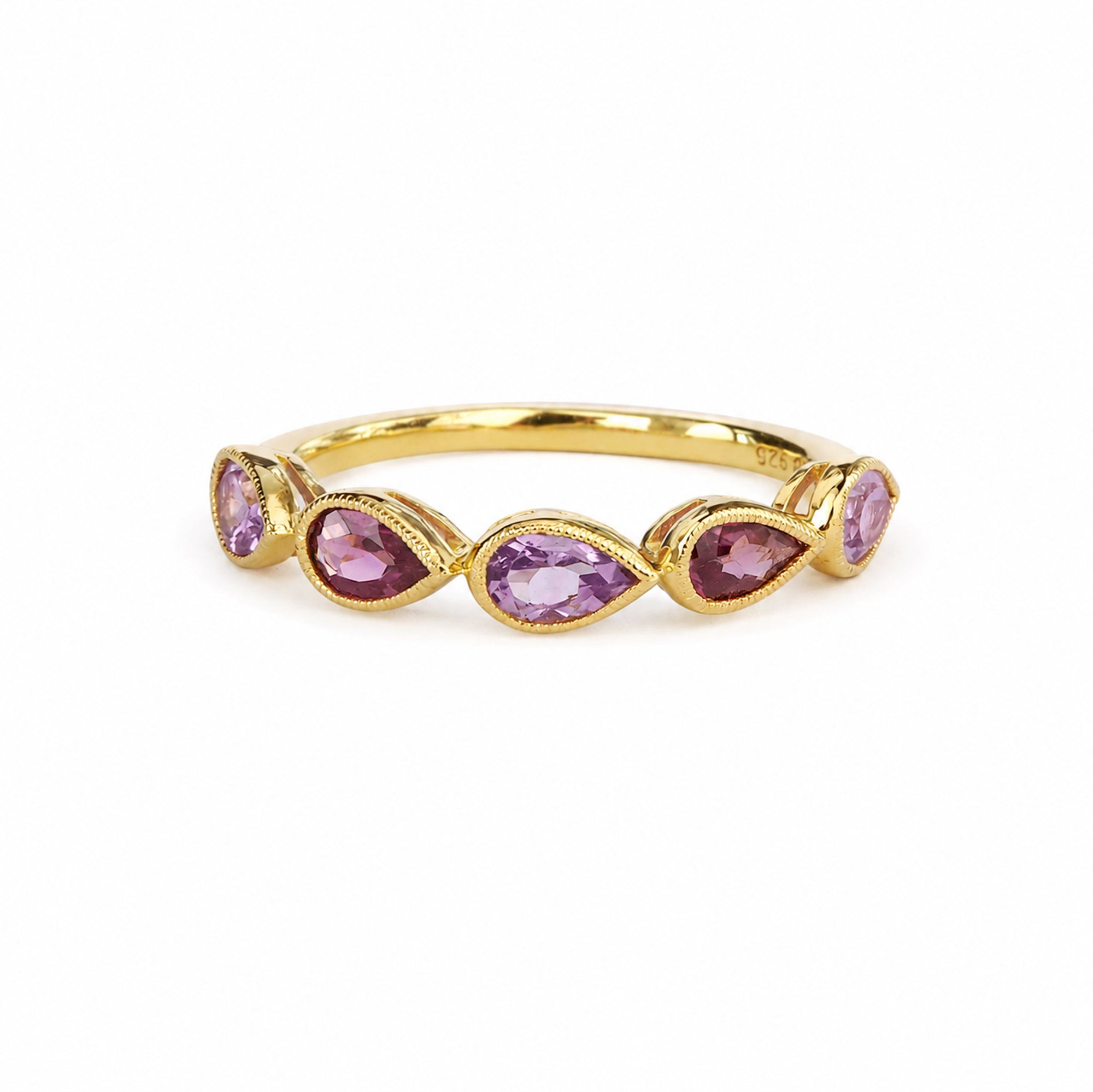 Pear-Shaped Rhodolite & Amethyst Half Eternity Ring - Gold Vermeil