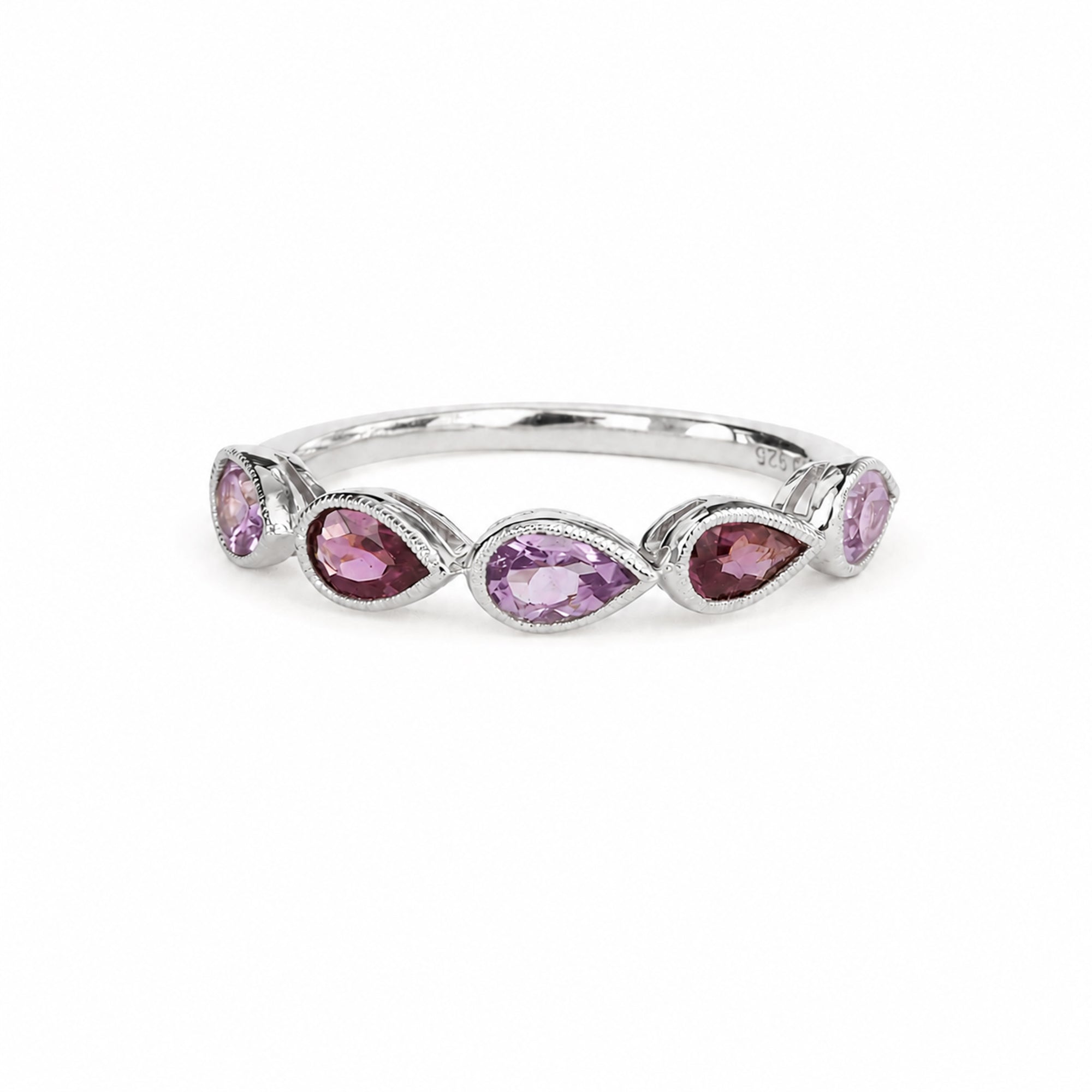 Pear-Shaped Rhodolite & Amethyst Half Eternity Ring - Sterling Silver