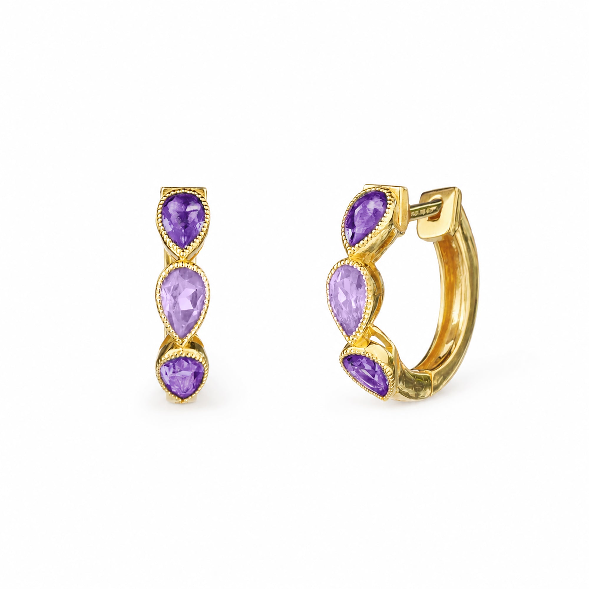 Three Pear Huggies - Light & Dark Amethysts - Gold Vermeil