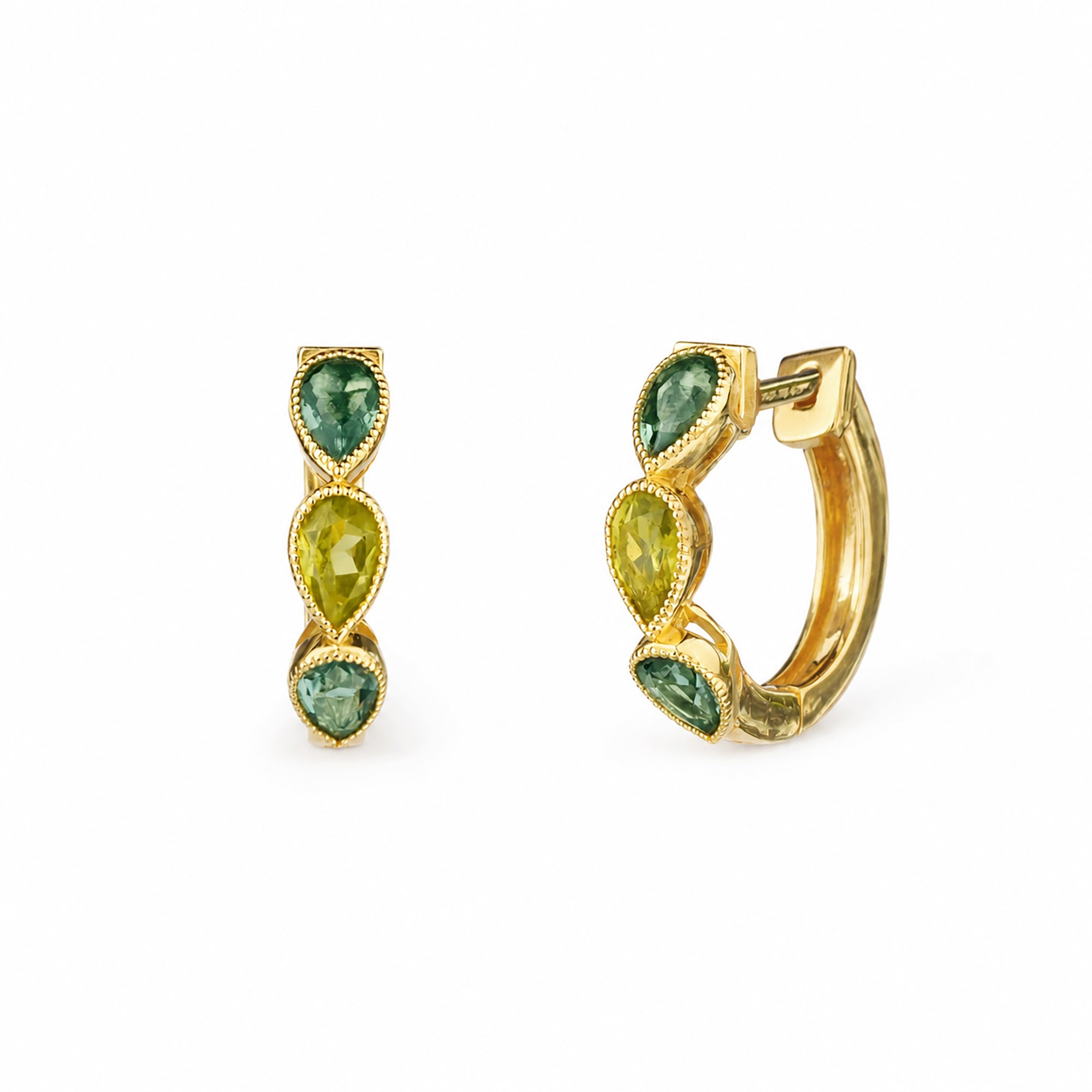 Three Pear Huggies - Green Quartz & Peridot - Gold Vermeil