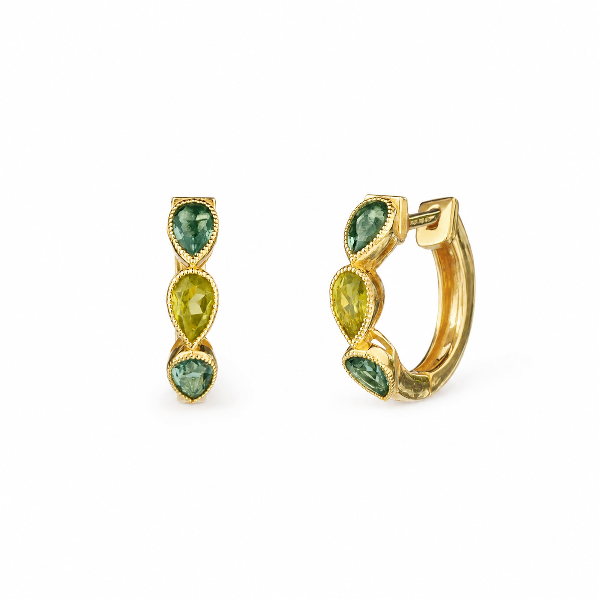 Three Pear Huggies Earring - Green Quartz & Peridot - Gold Vermeil
