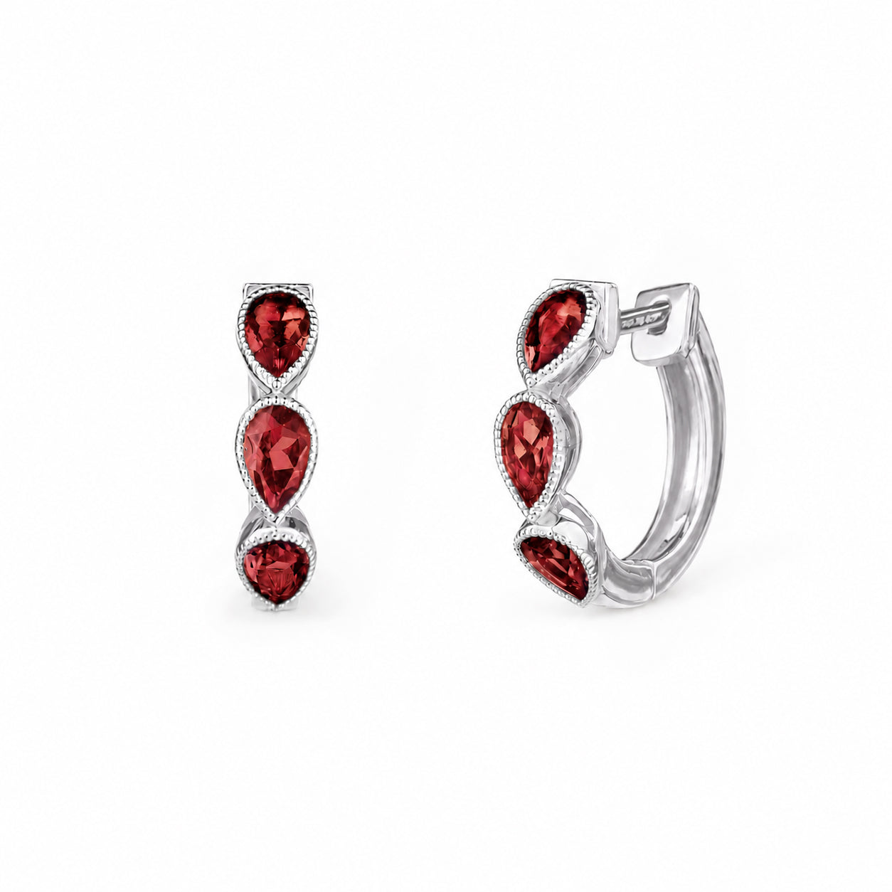 Three Pear Huggies Earring - Garnet - Sterling Silver