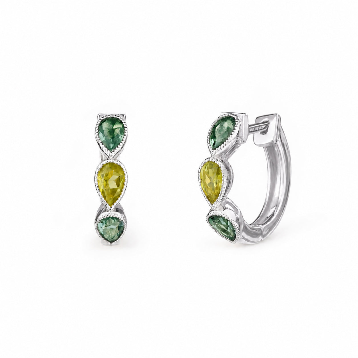 Three Pear Huggies Earring - Green Quartz & Peridot - Sterling Silver