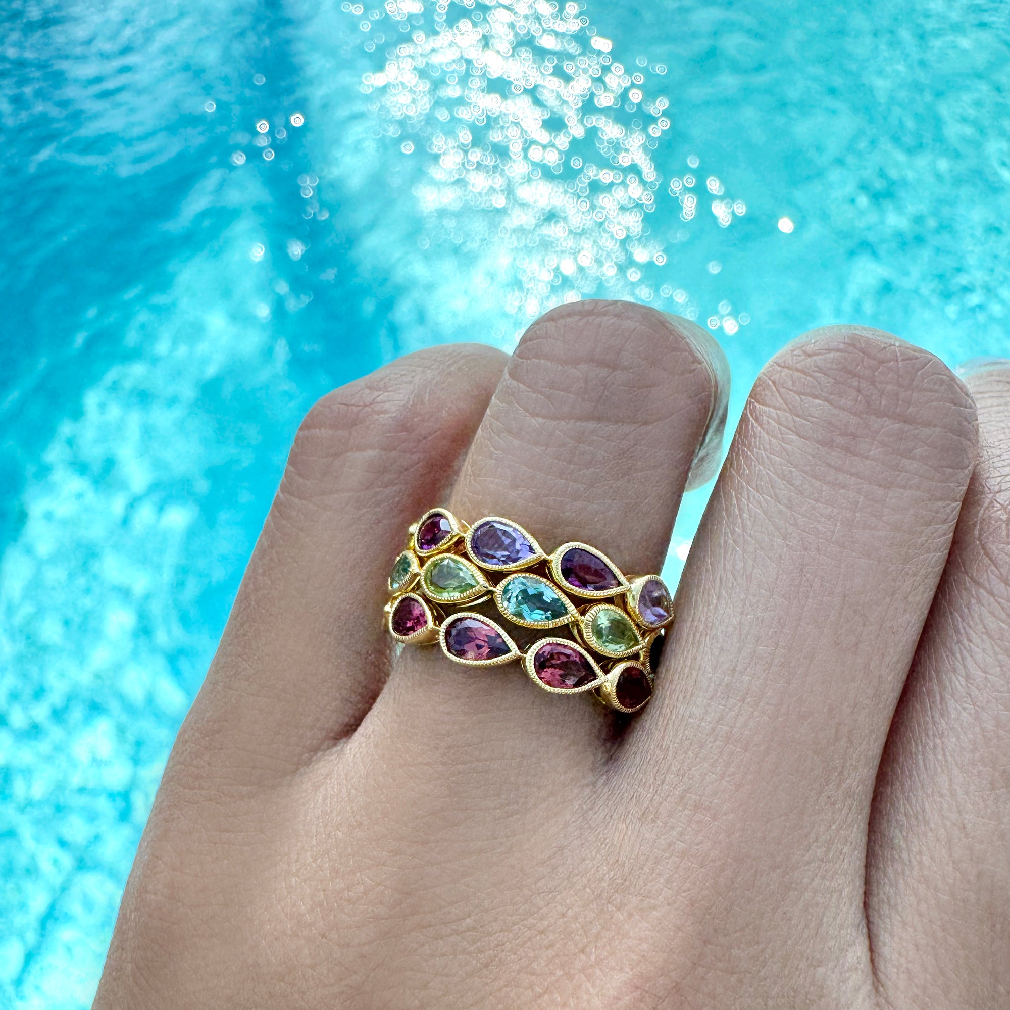 Pear-Shaped Rhodolite & Amethyst Half Eternity Ring - Gold Vermeil