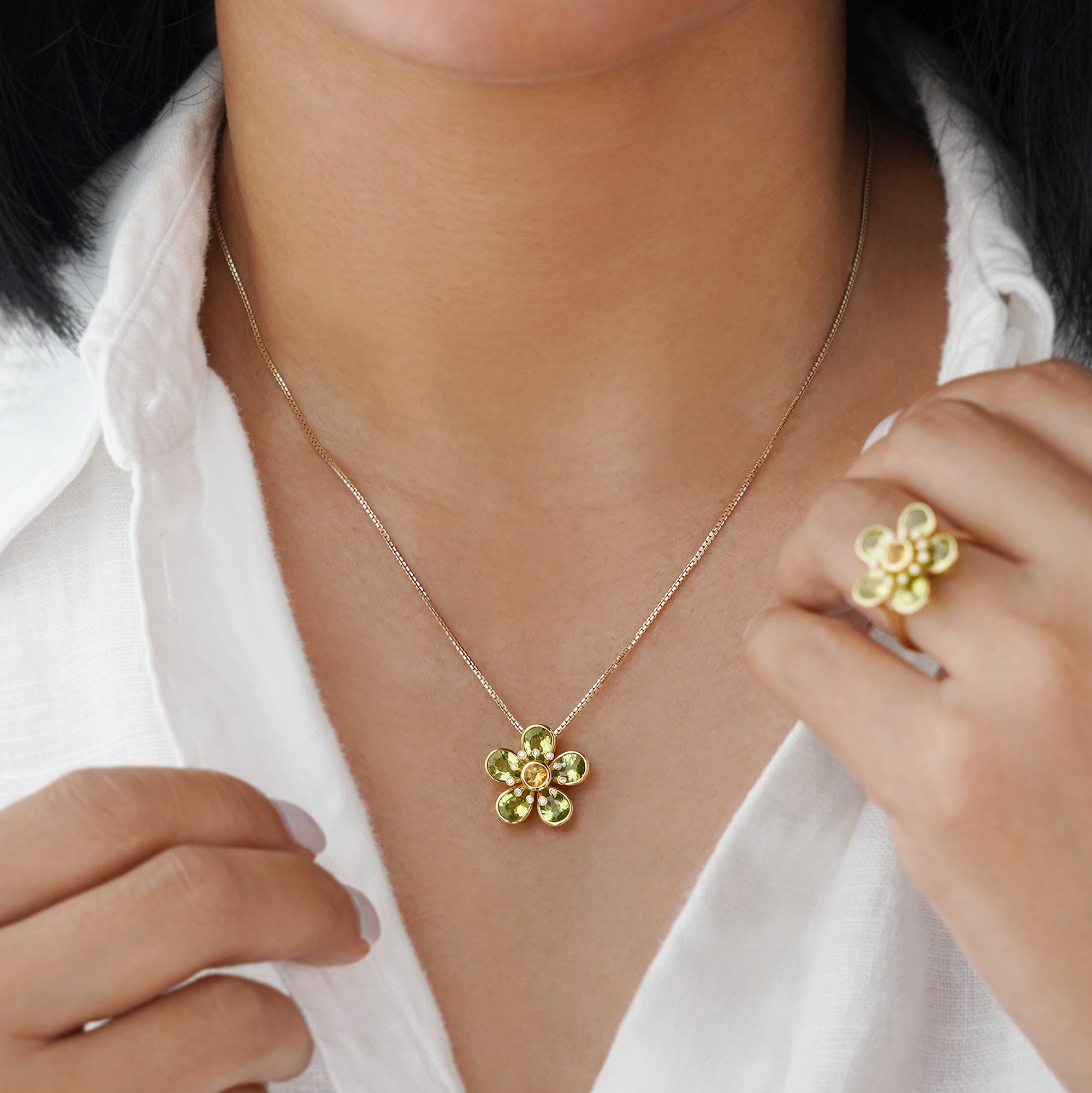Peridot, Citrine & Diamond Flower Necklace - 18K Solid Yellow Gold | BITS OF BALI JEWELRY