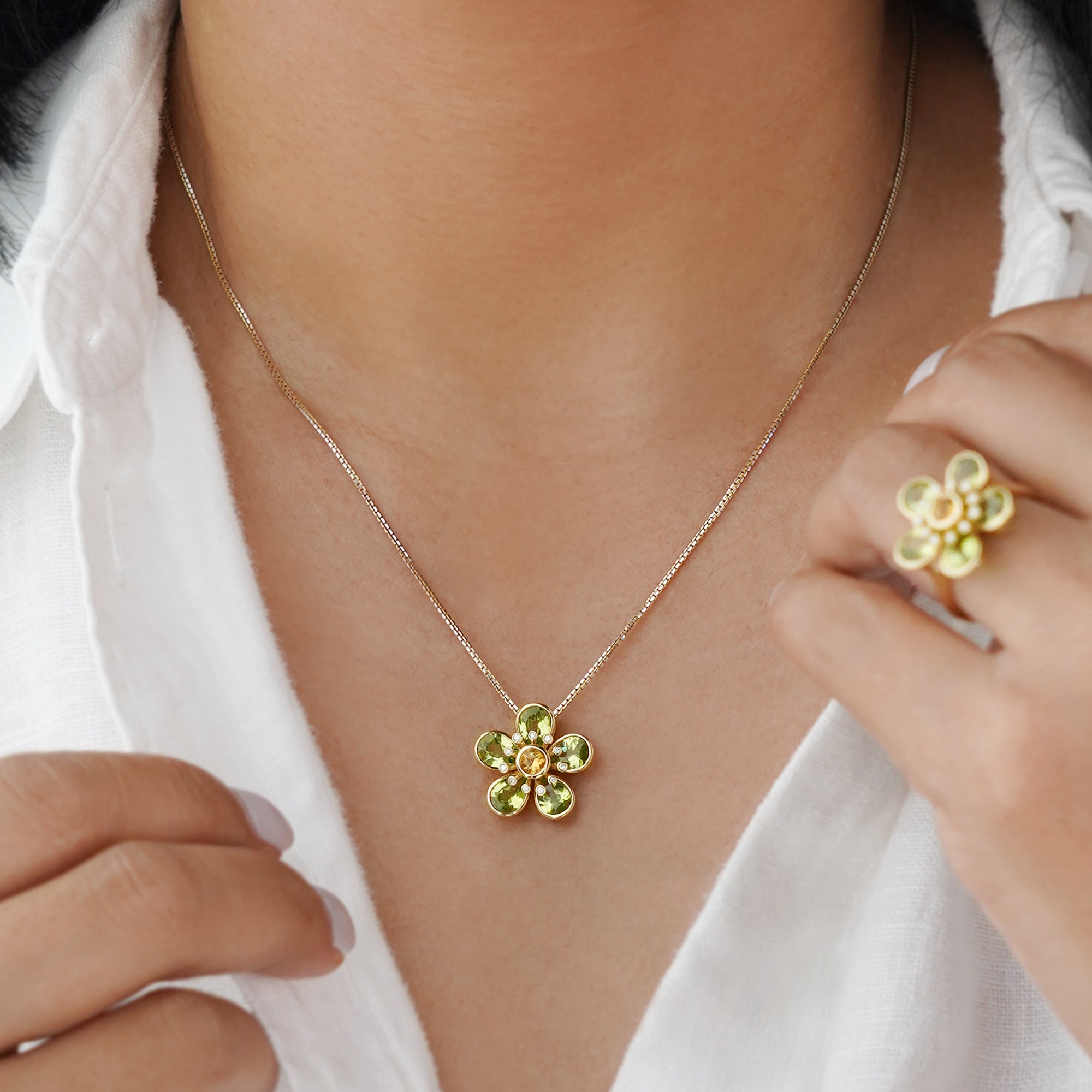 Peridot, Citrine Diamond Flower Necklace 18K Solid Yellow Gold