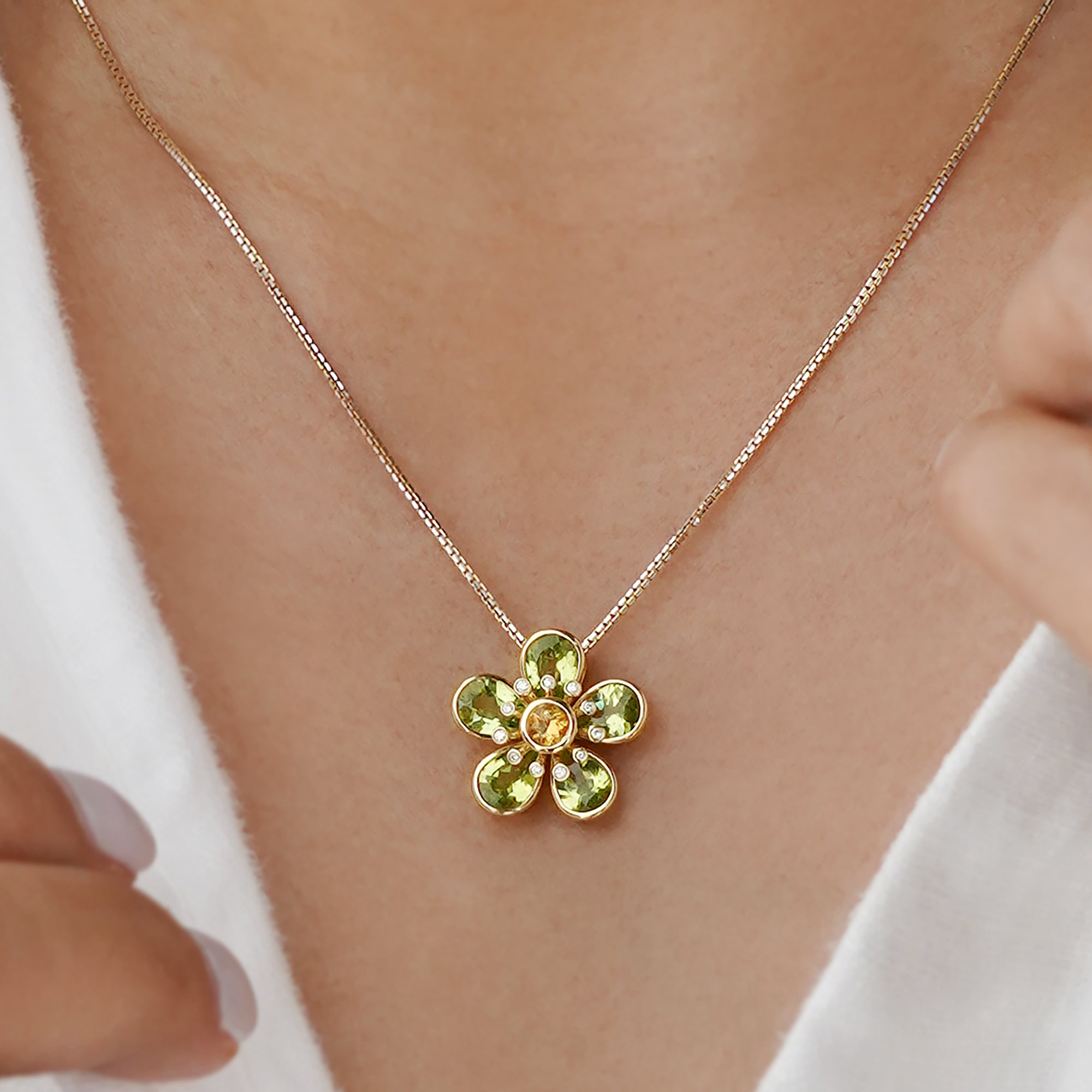 Peridot, Citrine & Diamond Flower Necklace - 18K Solid Yellow Gold | BITS OF BALI JEWELRY