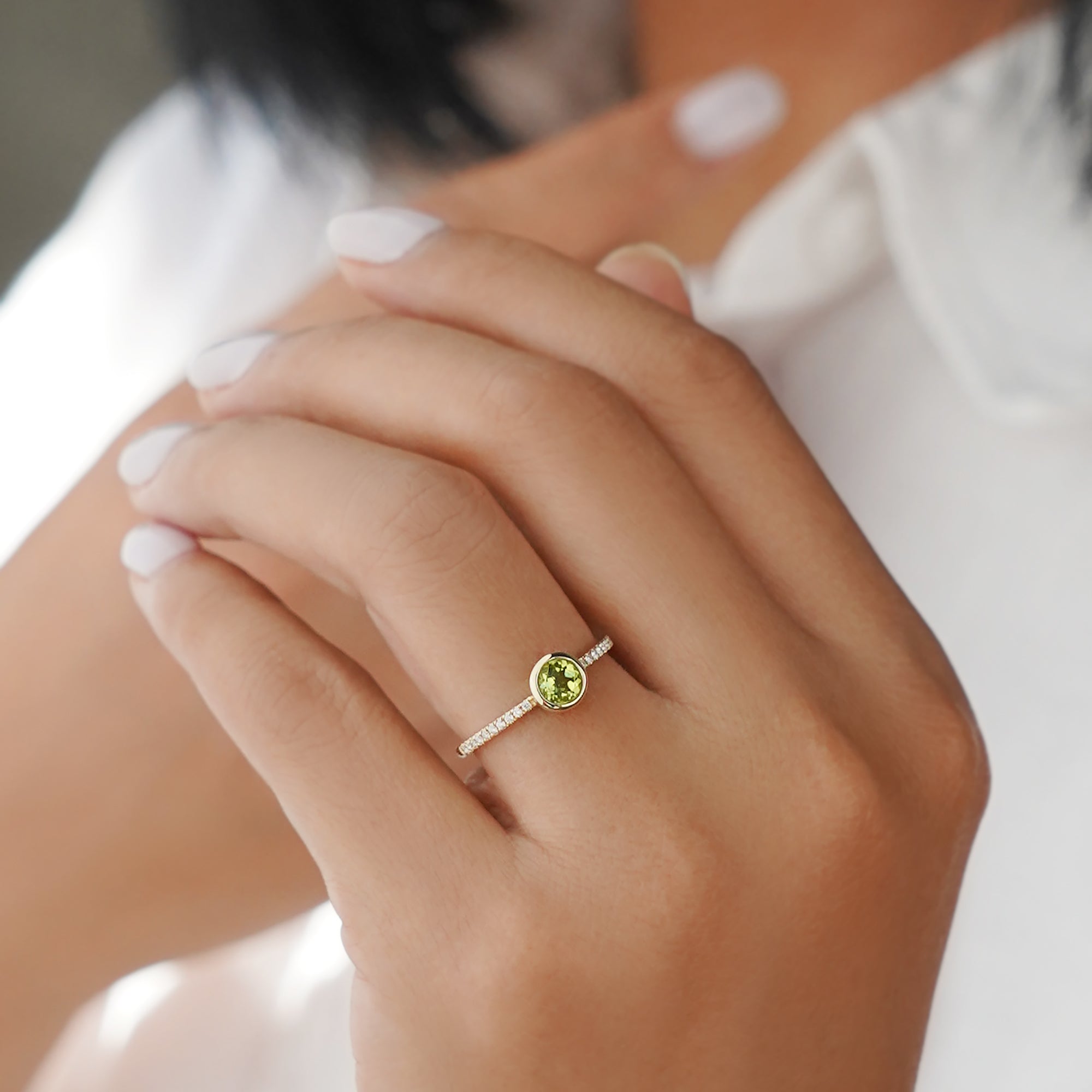 Peridot & Natural Diamond Ring - Solid 14k Yellow Gold | BITS OF BALI JEWELRY