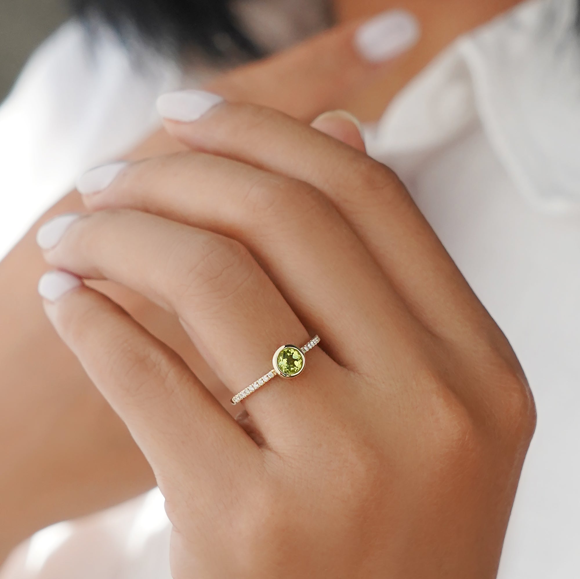 Peridot & Natural Diamond Ring - Solid 14k Yellow Gold | BITS OF BALI JEWELRY