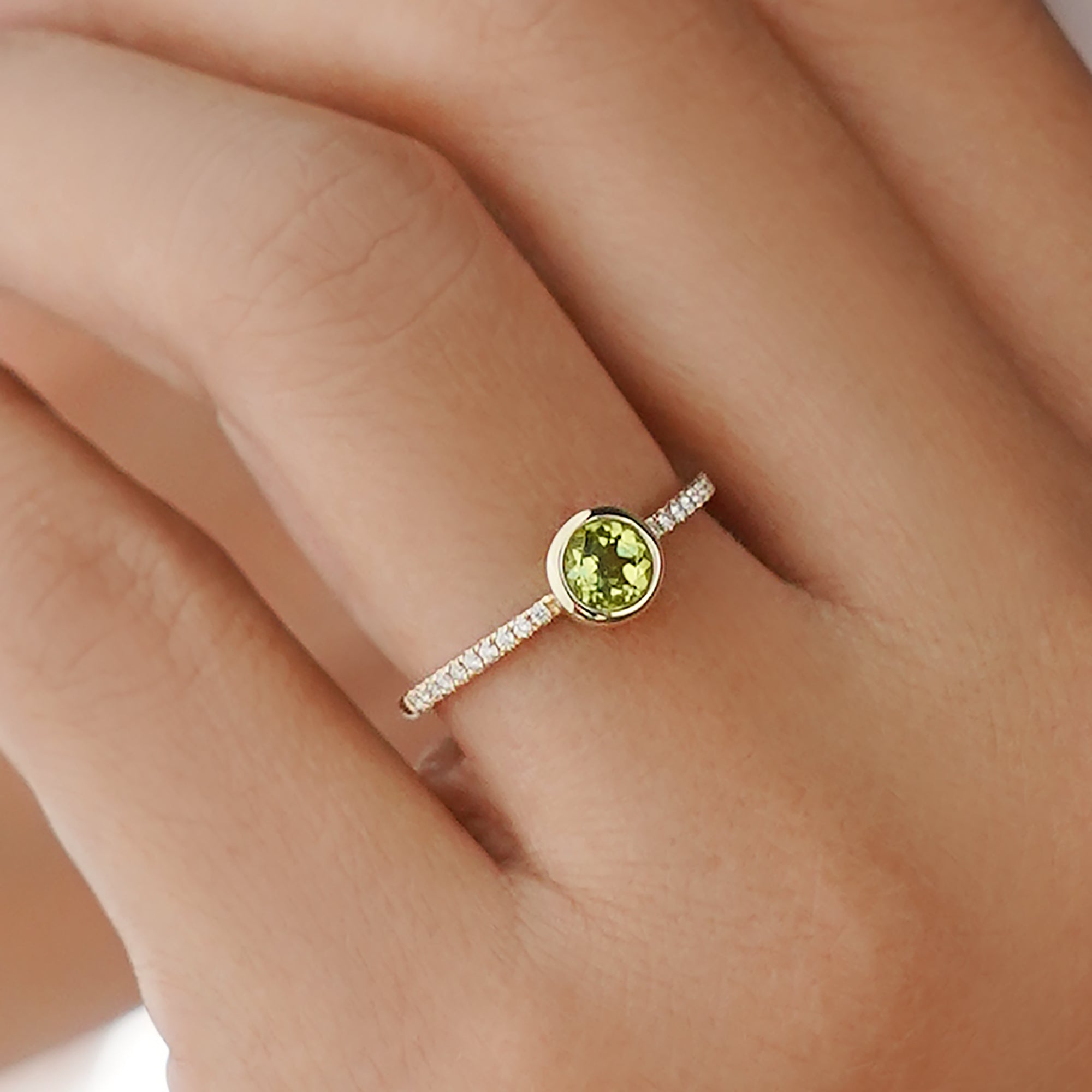 Peridot & Natural Diamond Ring - Solid 14k Yellow Gold | BITS OF BALI JEWELRY