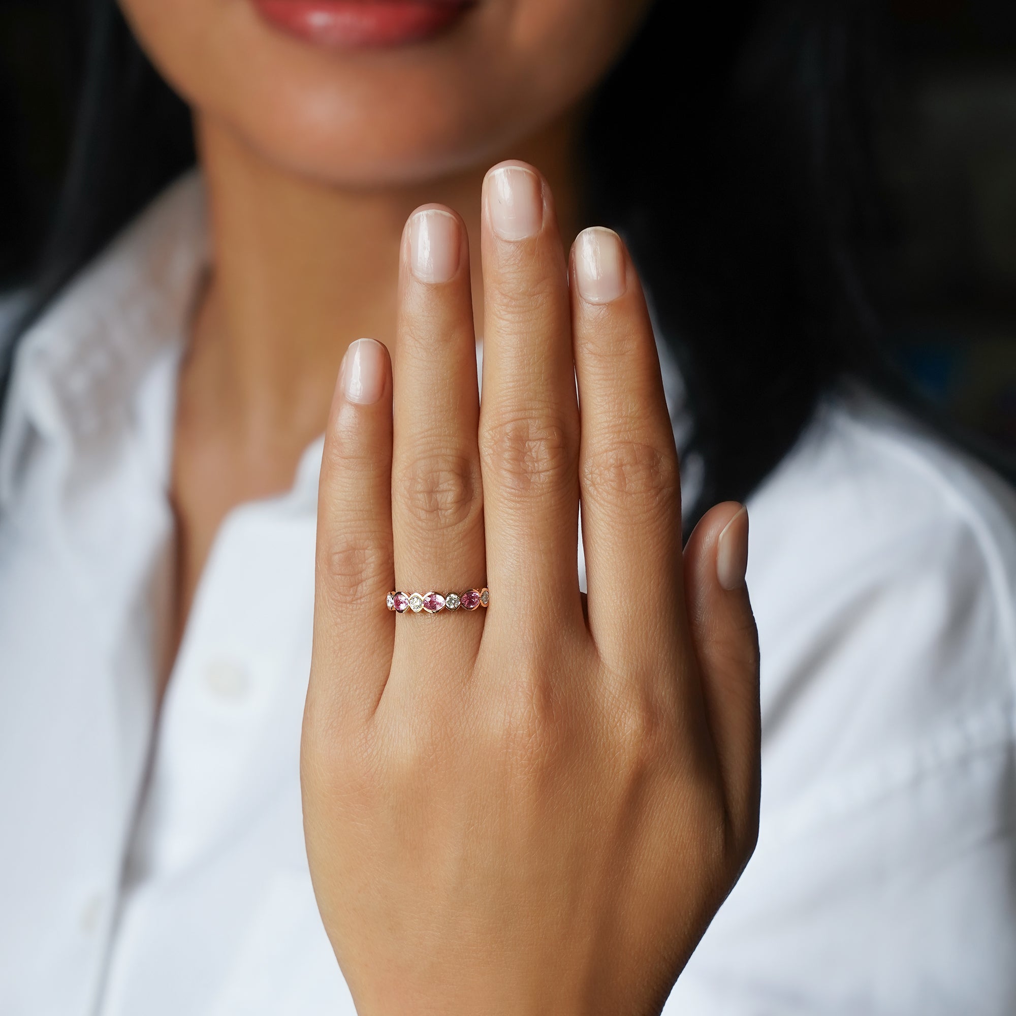 Half Eternity Pink Sapphire & Diamond Ring - Solid 18K Rose Gold | BITS OF BALI JEWELRY