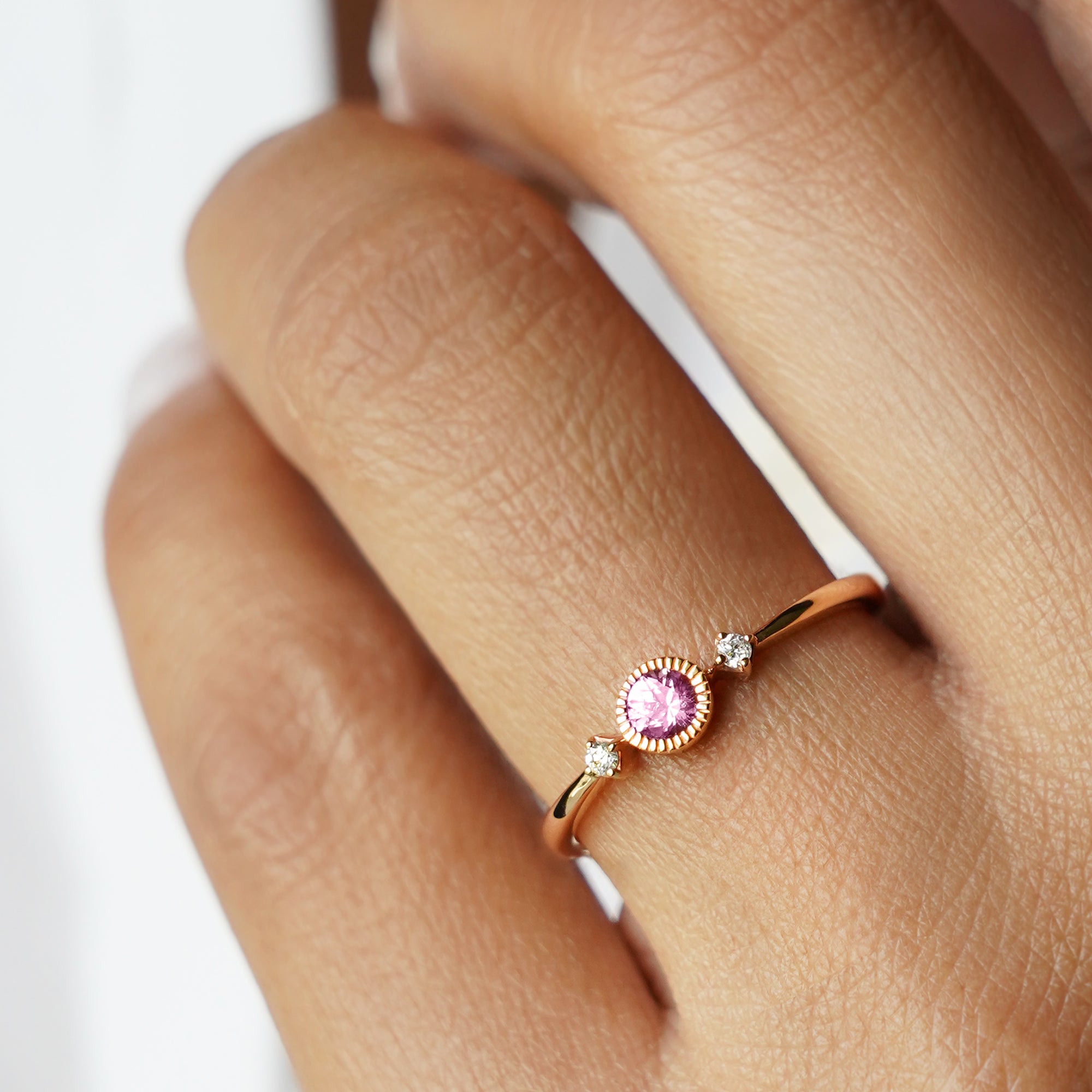 Pink Sapphire With Side Diamond Ring Solid 18K Rose Gold