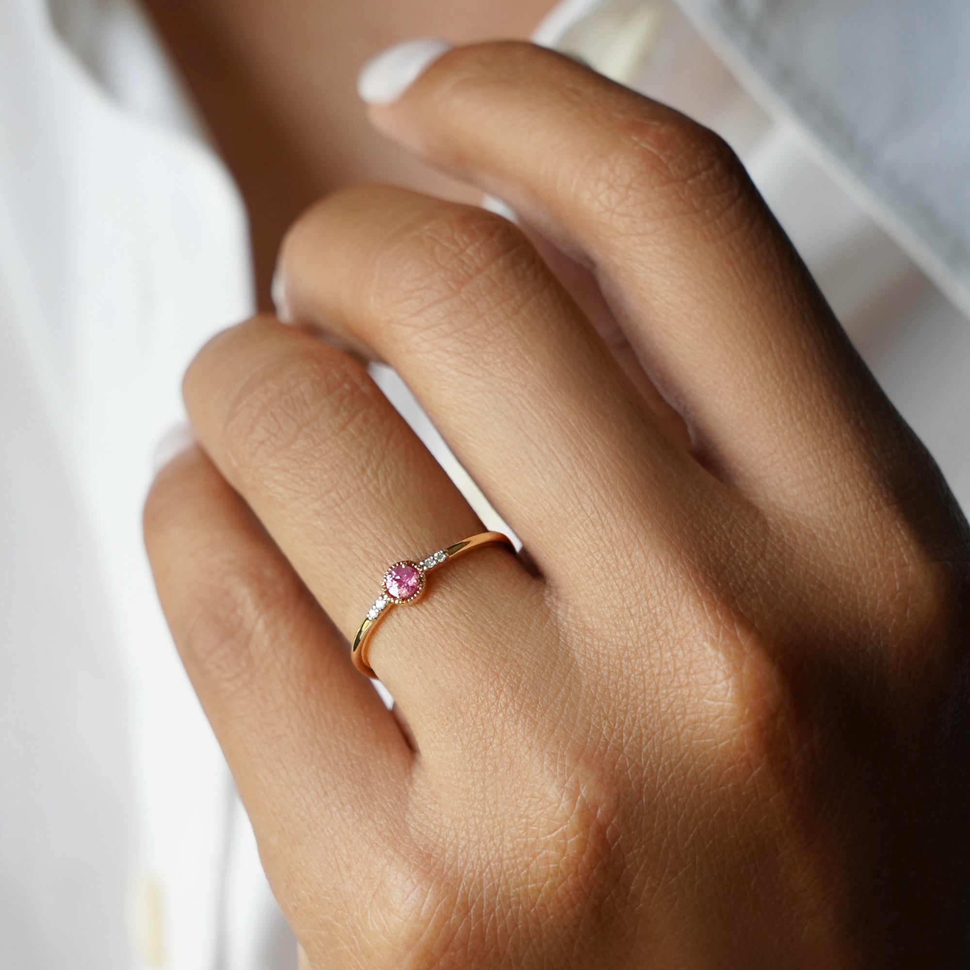 Pink Sapphire With Side Diamond Ring - Solid 18K Rose Gold | BITS OF BALI JEWELRY