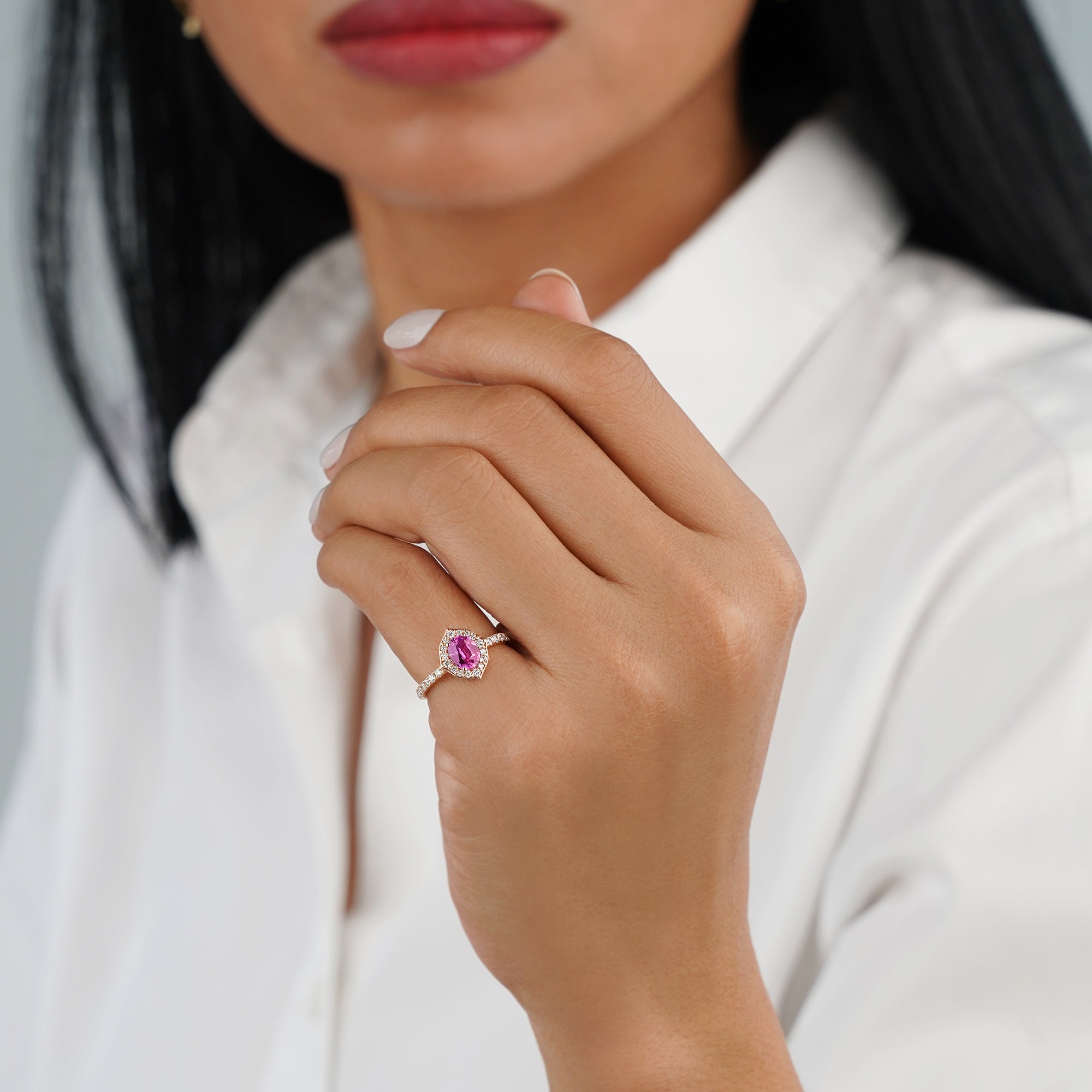 0.85 Carat Pink Sapphire with Halo and 2/3 Pave Shank Lab-Grown Diamond Ring - 18K Rose Gold