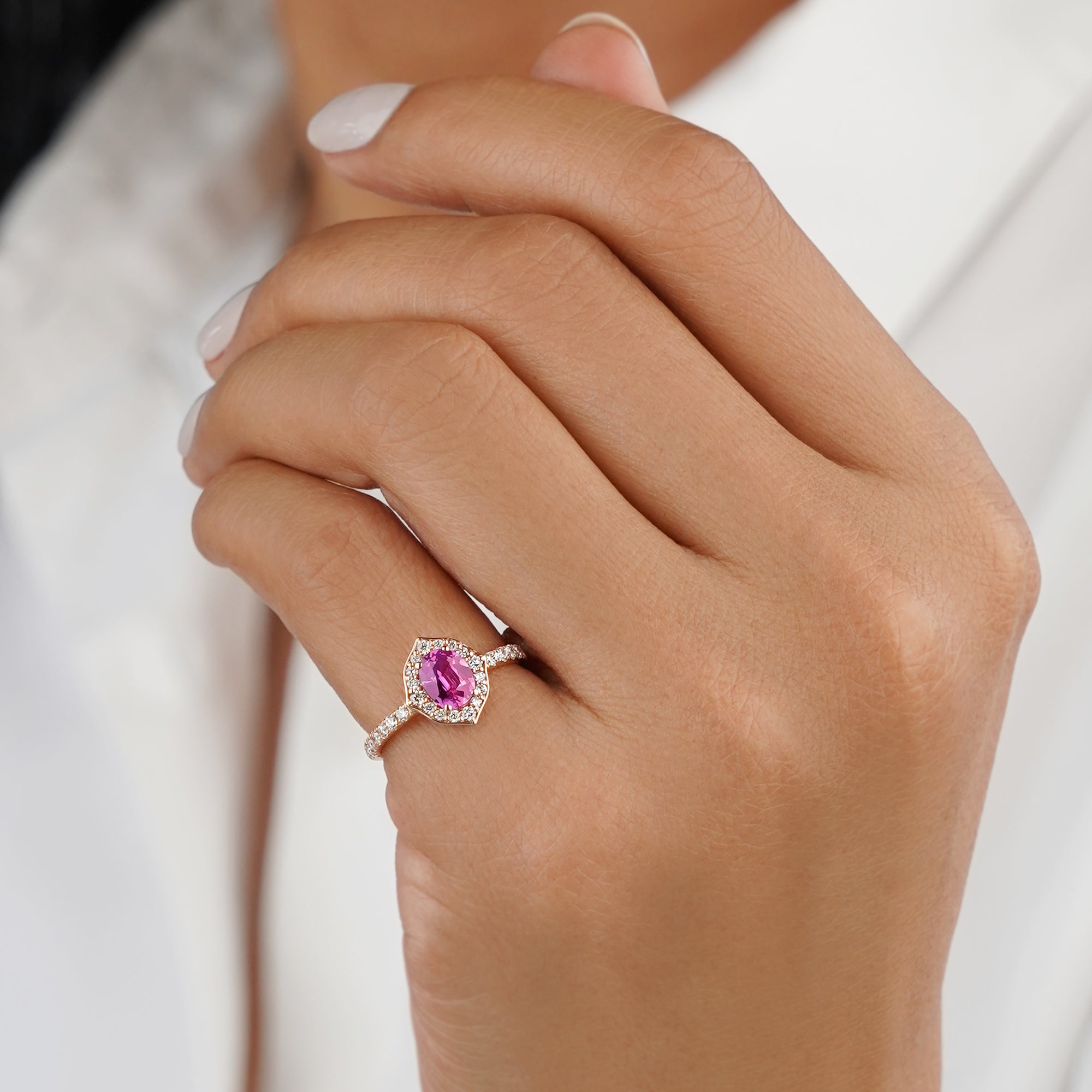0.85 Carat Pink Sapphire with Halo and 2/3 Pave Shank Lab-Grown Diamond Ring - 18K Rose Gold