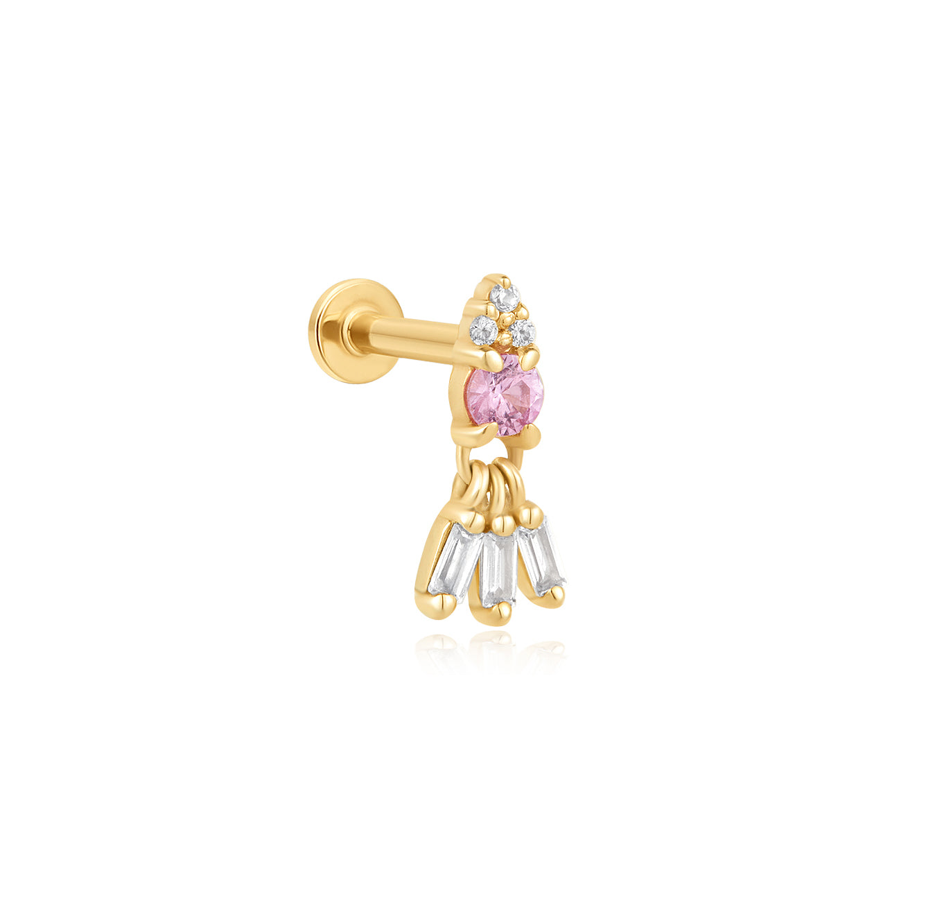 Pink & White Sapphire Dangling Flat Back Stud Earrings - Solid 14K Yellow Gold | BITS OF BALI JEWELRY