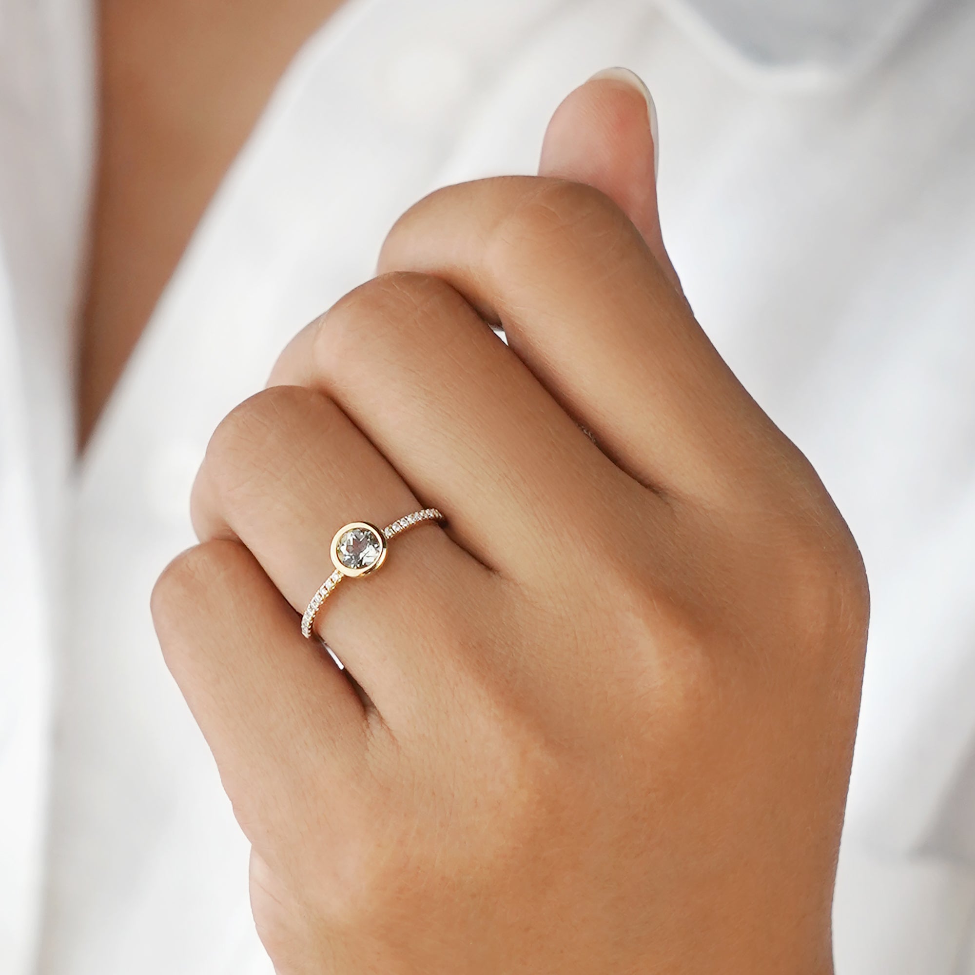 Prasiolite (Quartz) & Natural Diamond Ring - Solid 14k Yellow Gold | BITS OF BALI JEWELRY