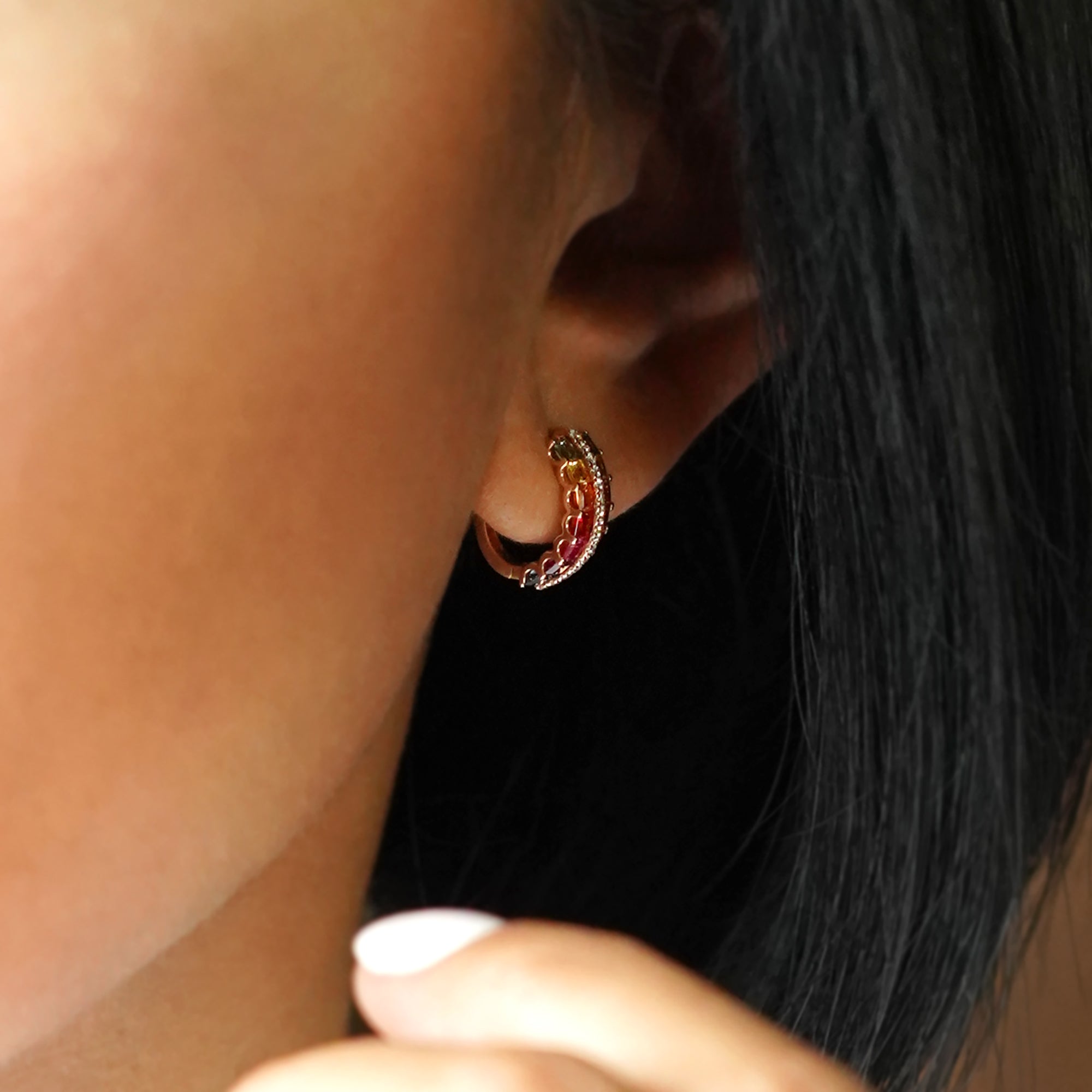 Multi Colored Rainbow Sapphire & Diamond Huggies - Solid 18K Rose Gold | BITS OF BALI JEWELRY