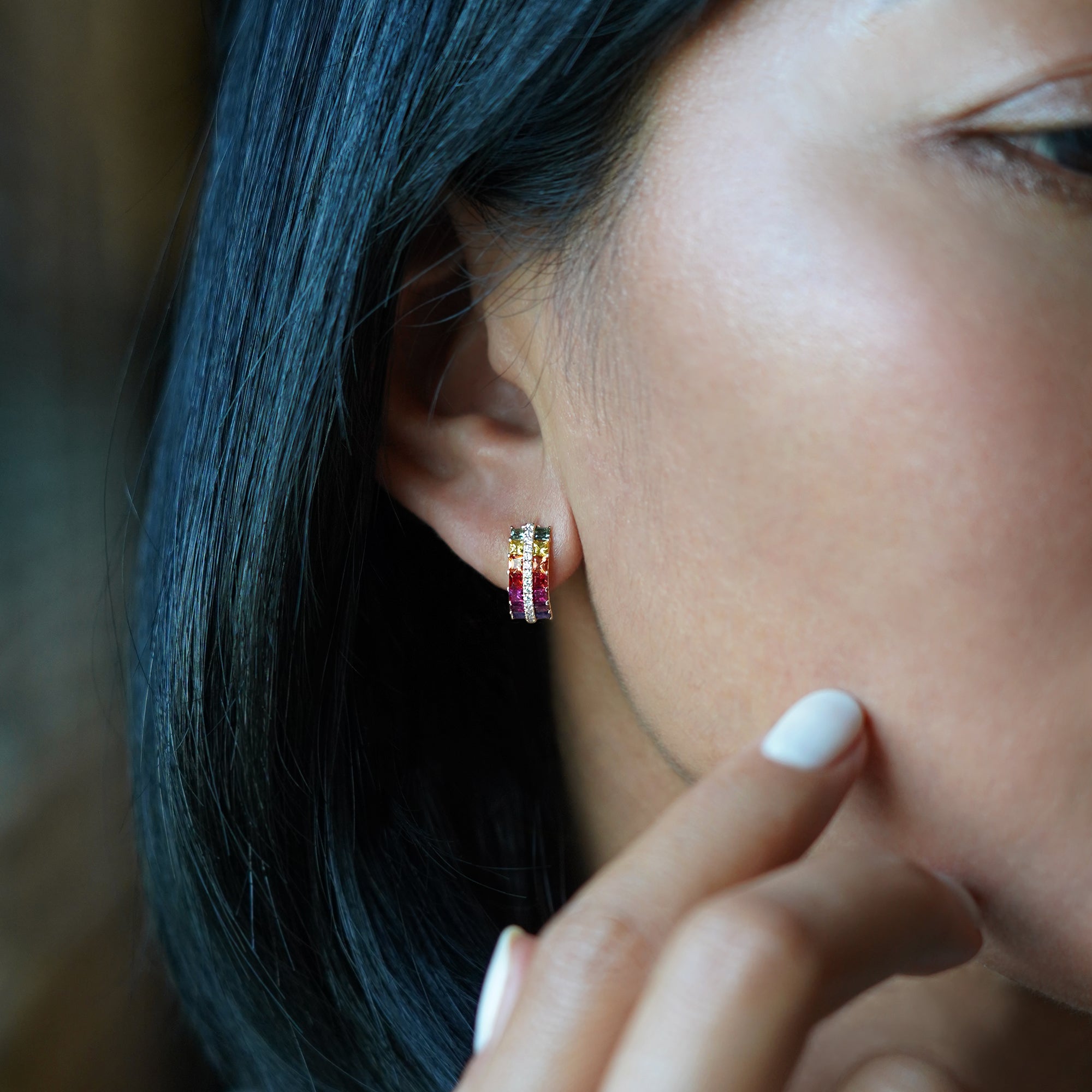 Multi Colored Rainbow Sapphire & Diamond Huggies - Solid 18K Rose Gold | BITS OF BALI JEWELRY
