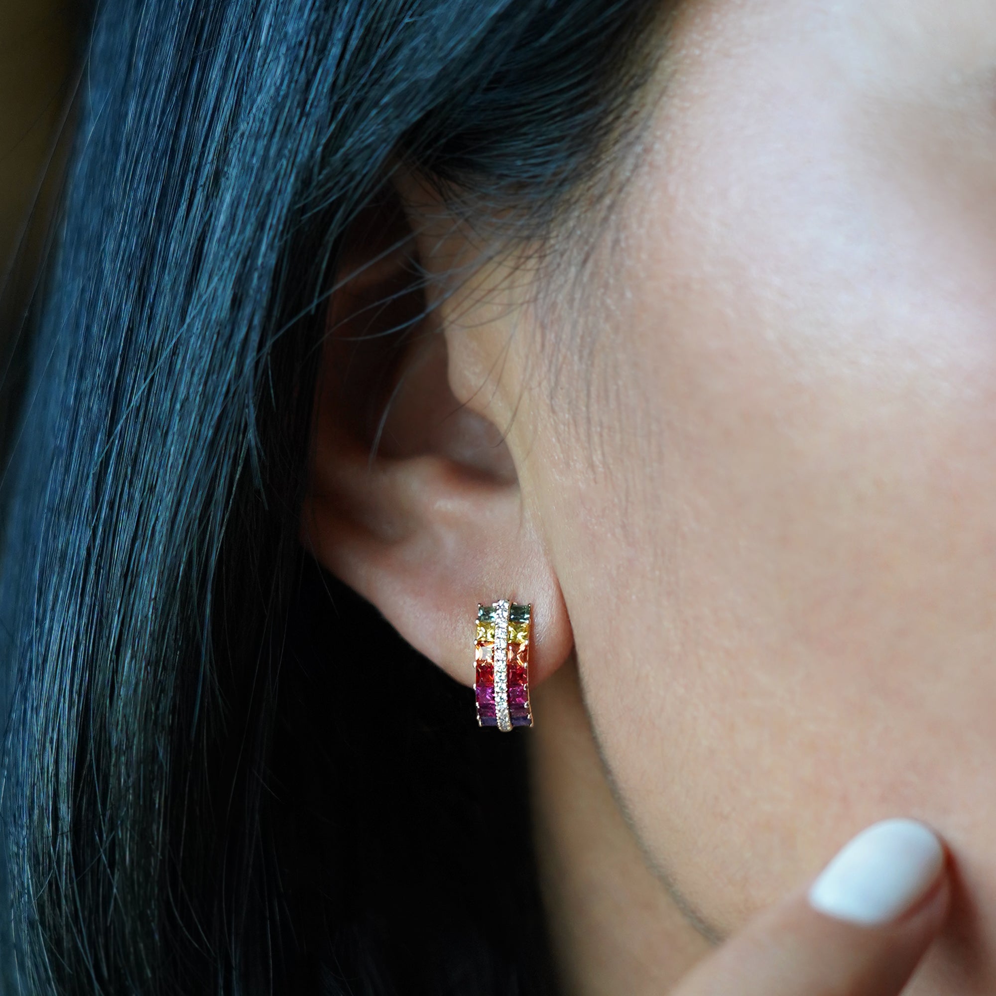 Multi Colored Rainbow Sapphire & Diamond Huggies - Solid 18K Rose Gold | BITS OF BALI JEWELRY