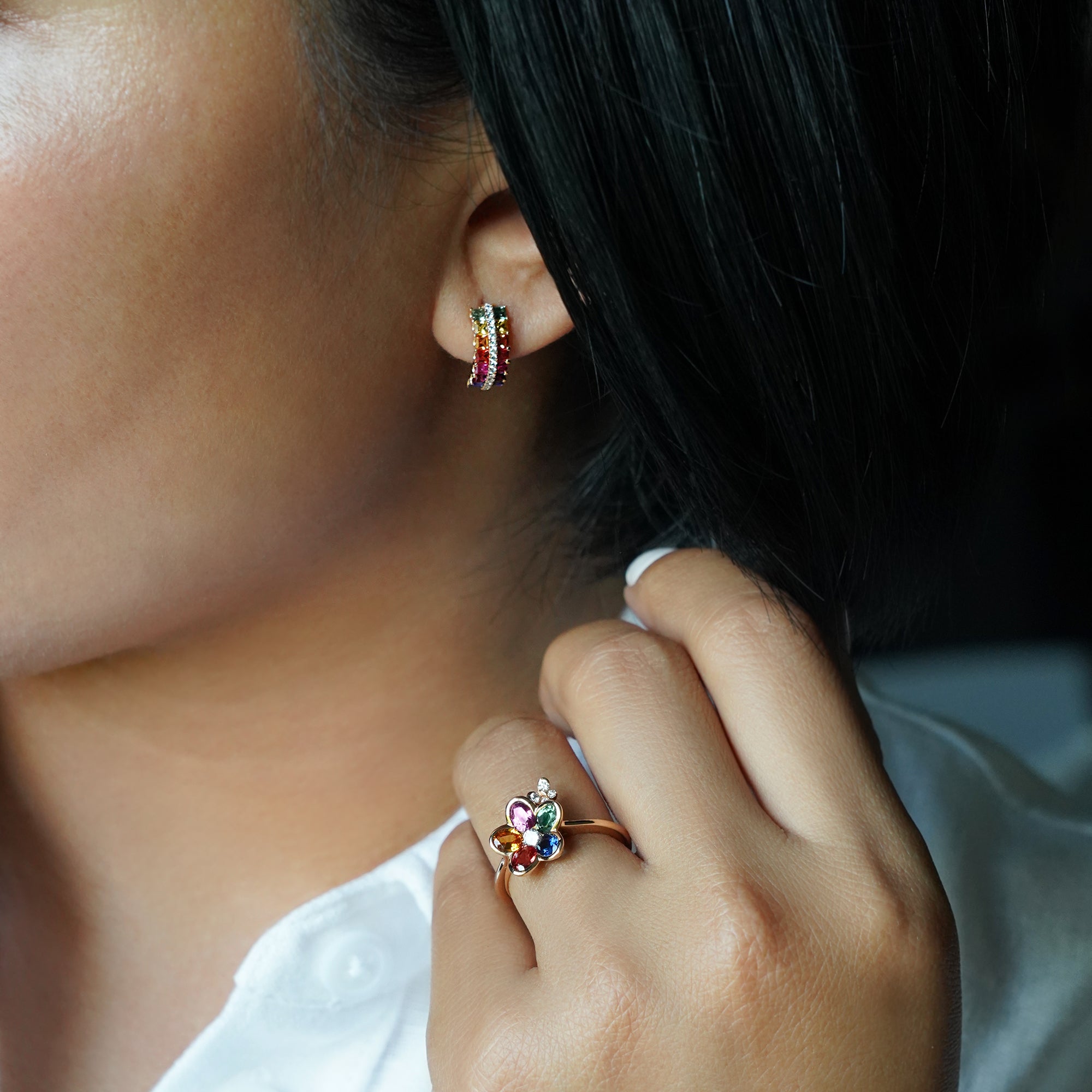 Multi Colored Rainbow Sapphire & Diamond Huggies - Solid 18K Rose Gold | BITS OF BALI JEWELRY