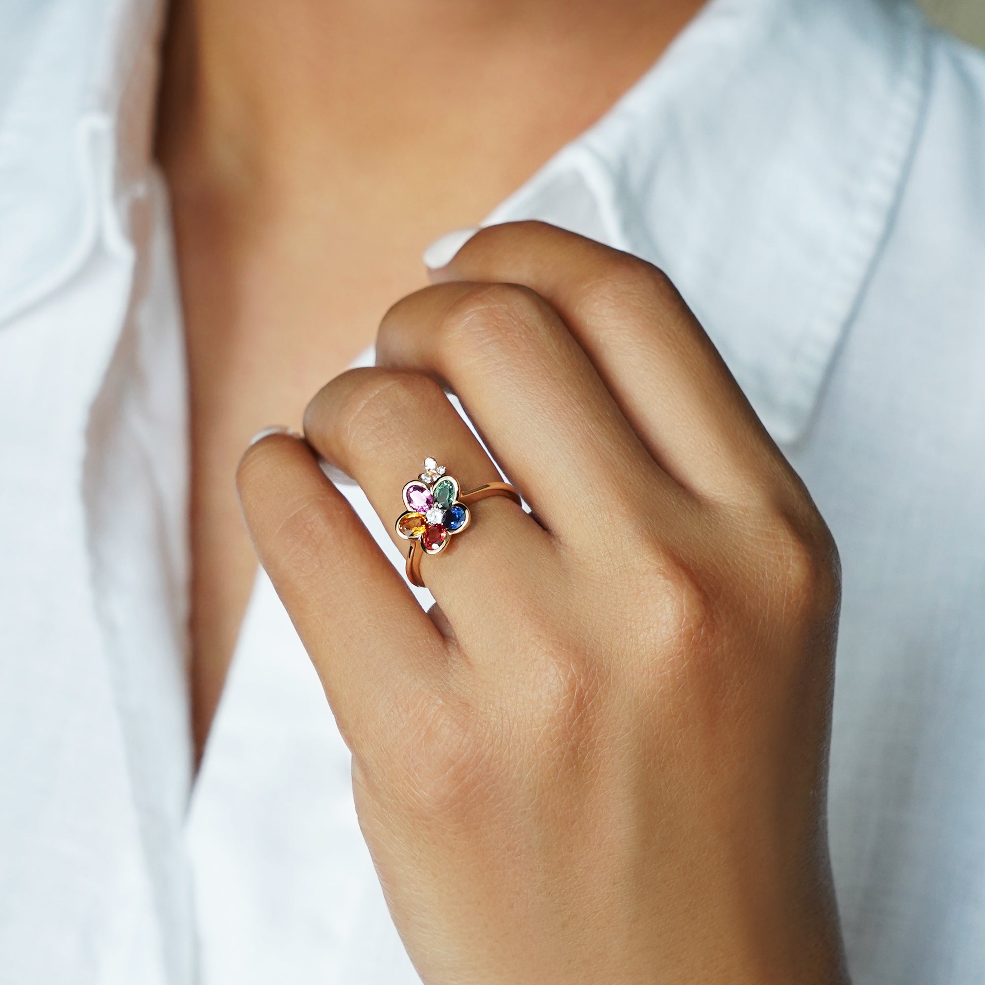 Multi Colored Rainbow Sapphire Flower Ring - Solid 18K Rose Gold | BITS OF BALI JEWELRY