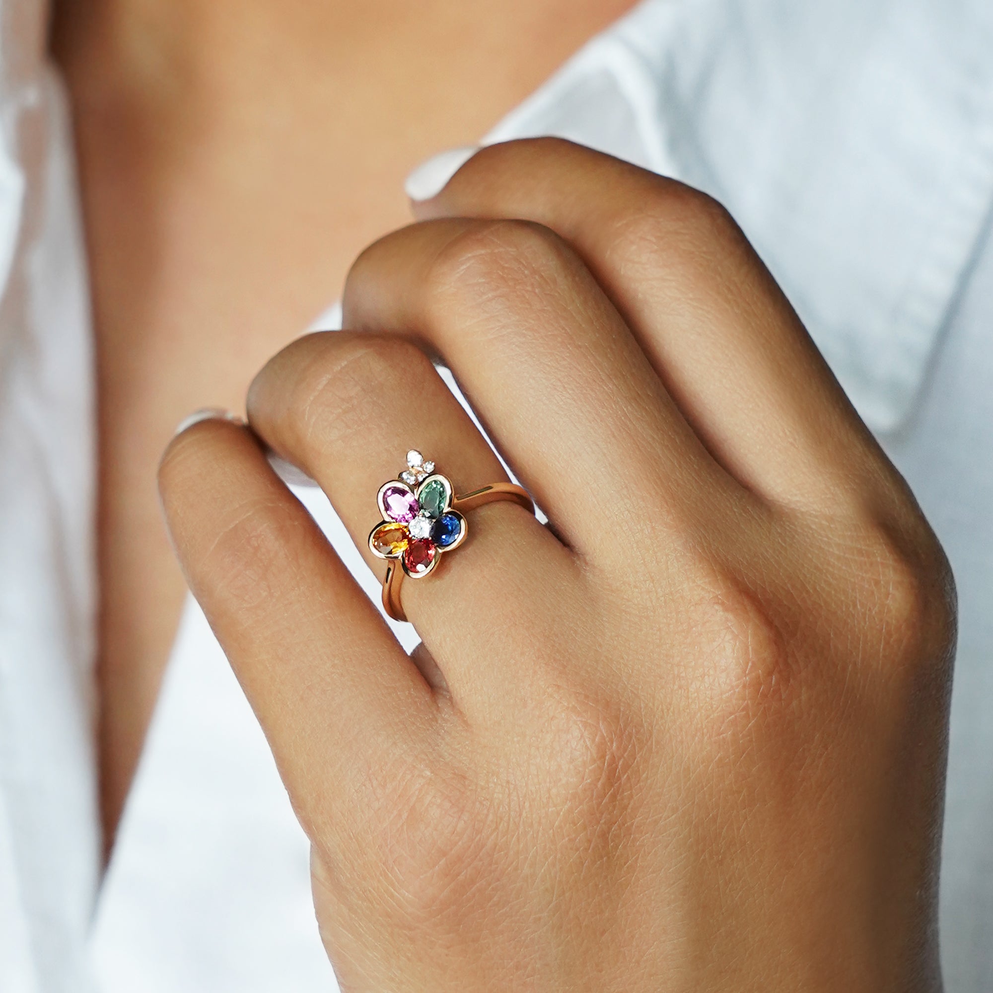 Multi Colored Rainbow Sapphire Flower Ring - Solid 18K Rose Gold | BITS OF BALI JEWELRY
