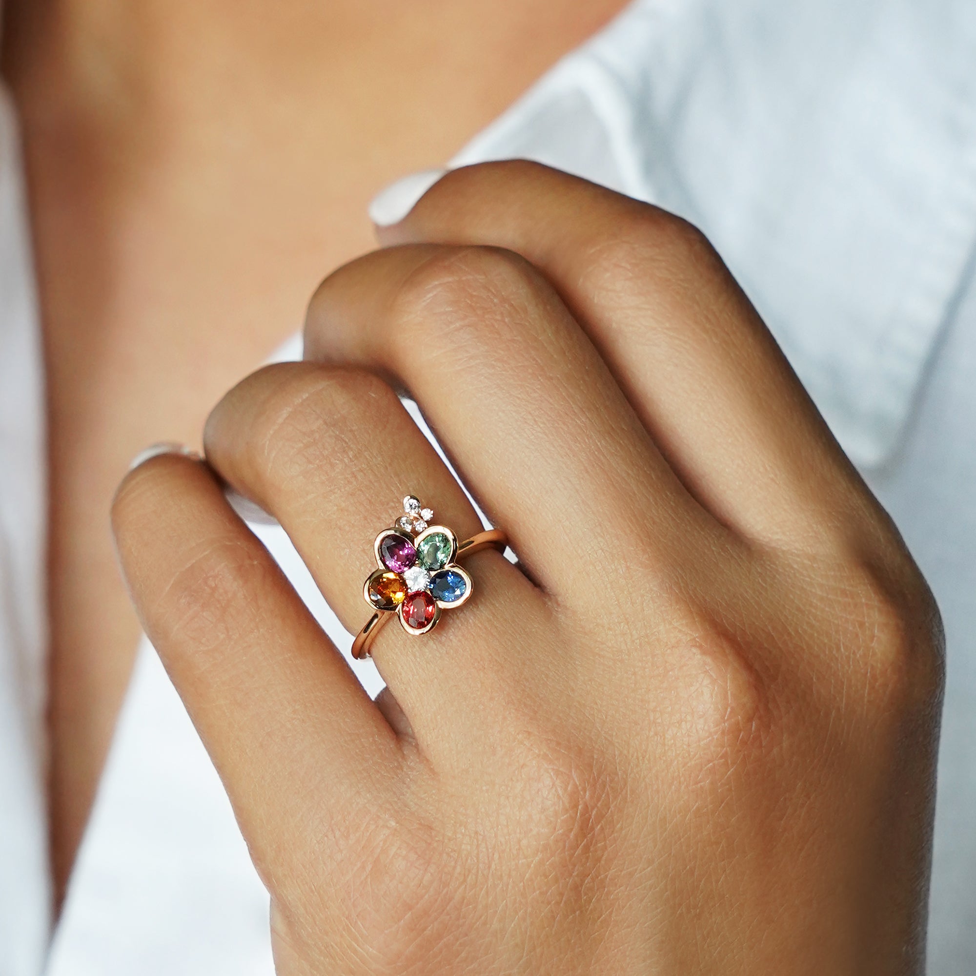 Multi Colored Rainbow Sapphire Flower Ring - Solid 18K Rose Gold | BITS OF BALI JEWELRY