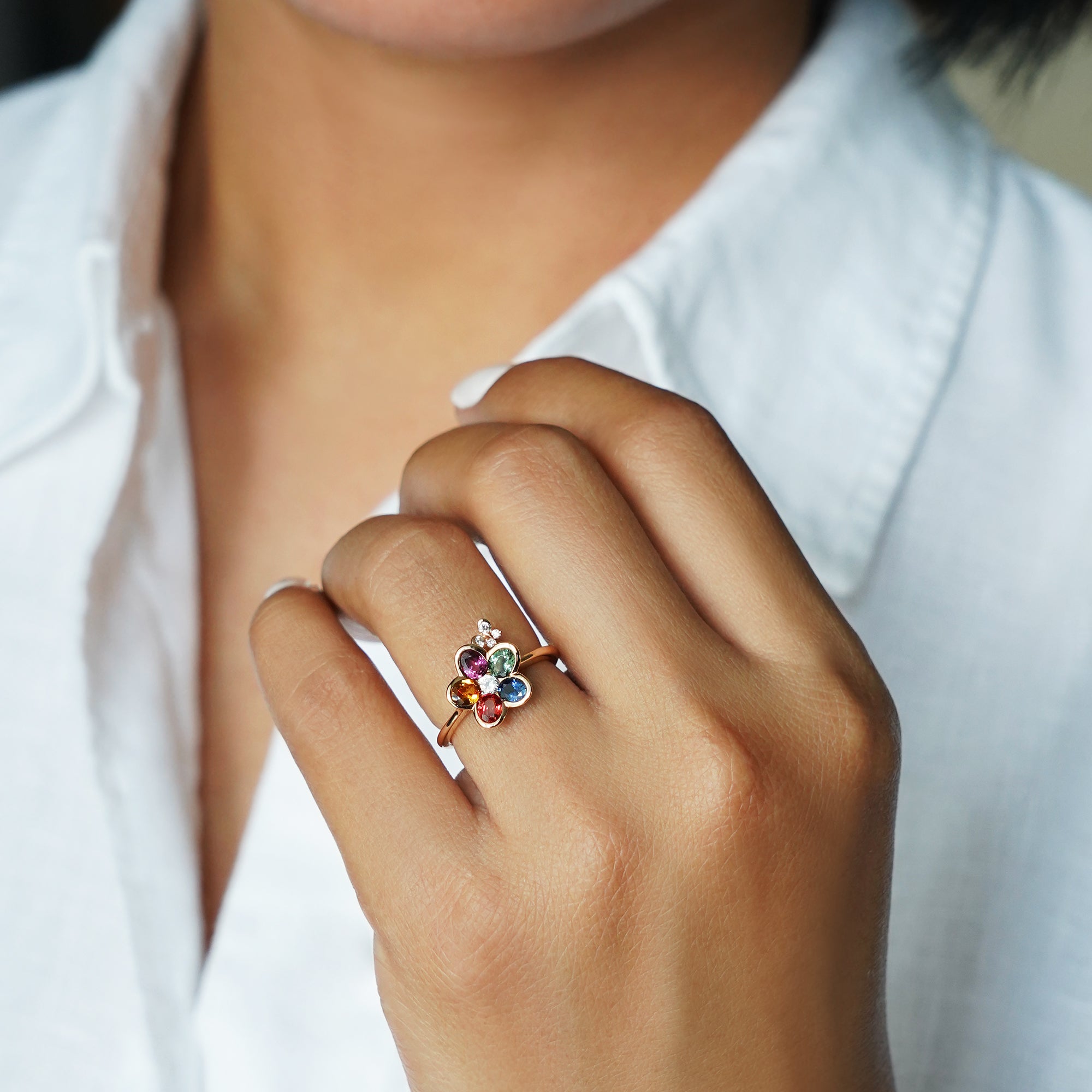 Multi Colored Rainbow Sapphire Flower Ring - Solid 18K Rose Gold | BITS OF BALI JEWELRY