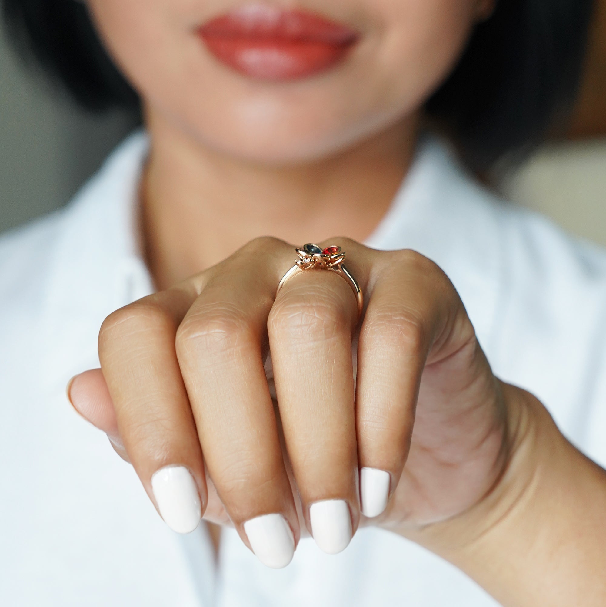 Multi Colored Rainbow Sapphire Flower Ring - Solid 18K Rose Gold | BITS OF BALI JEWELRY