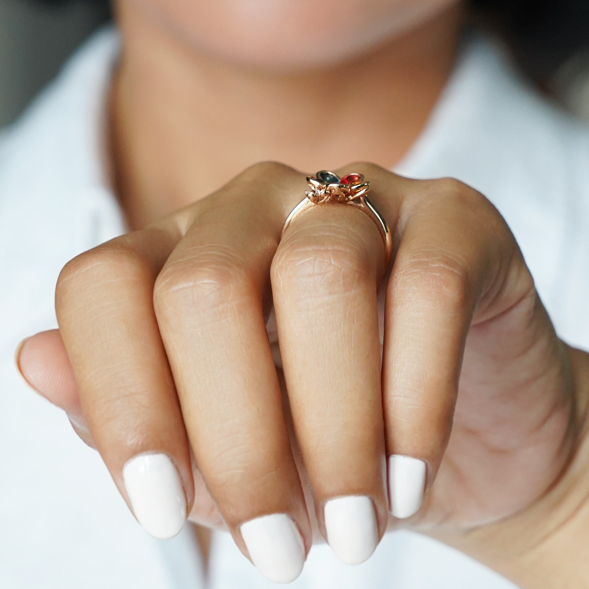 Multi Colored Rainbow Sapphire Flower Ring - Solid 18K Rose Gold | BITS OF BALI JEWELRY