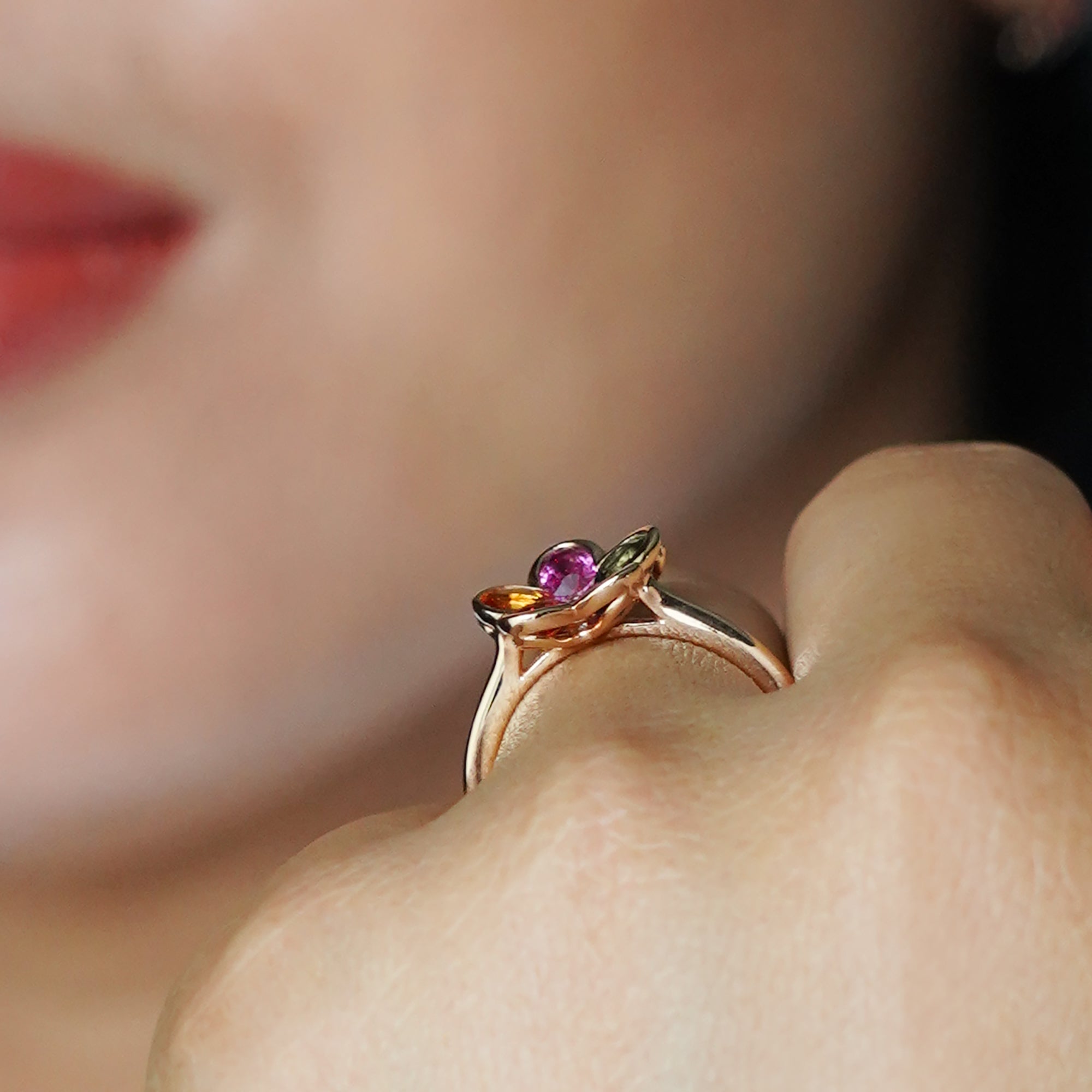 Multi Colored Rainbow Sapphire Flower Ring - Solid 18K Rose Gold | BITS OF BALI JEWELRY