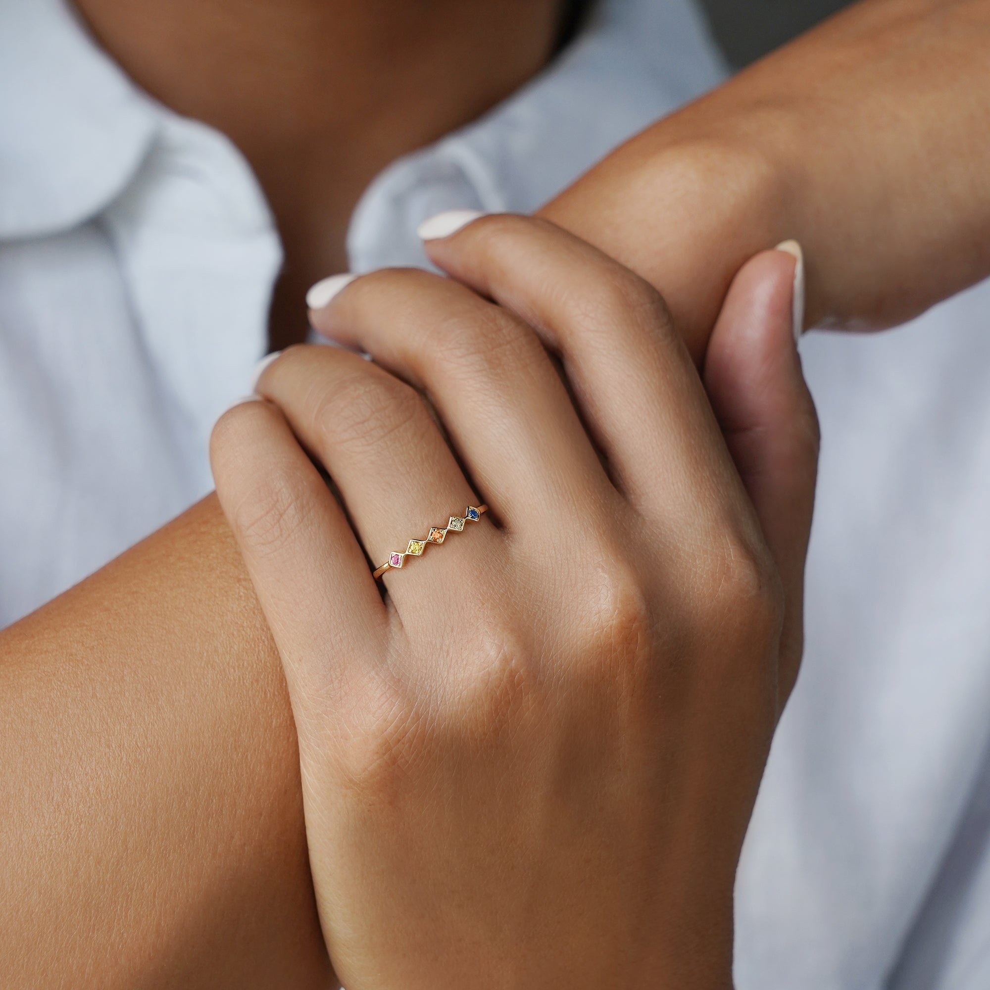 Multi-Color Sapphires Square Ring - Solid 14K Yellow Gold | BITS OF BALI JEWELRY