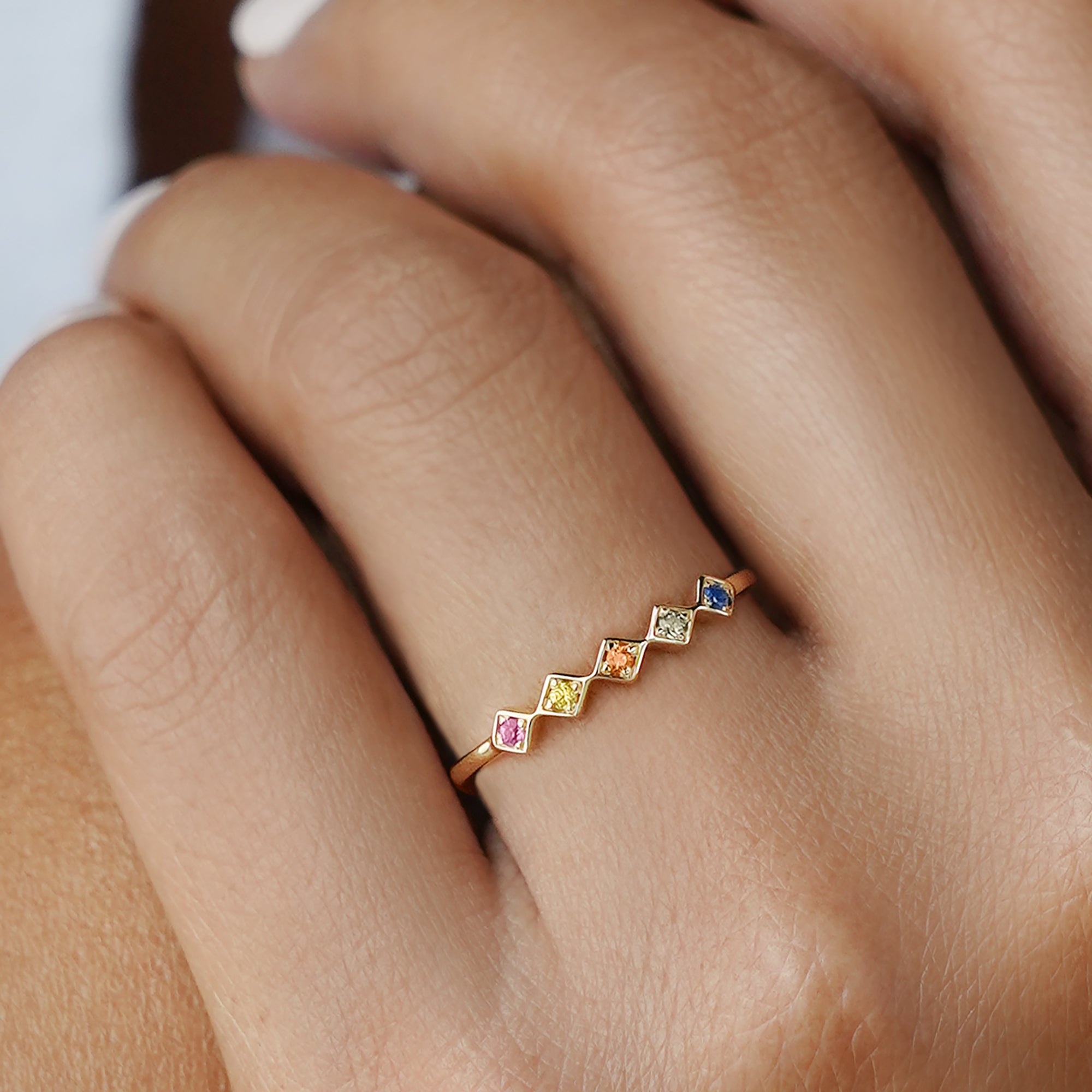 Multi-Color Sapphires Square Ring - Solid 14K Yellow Gold | BITS OF BALI JEWELRY