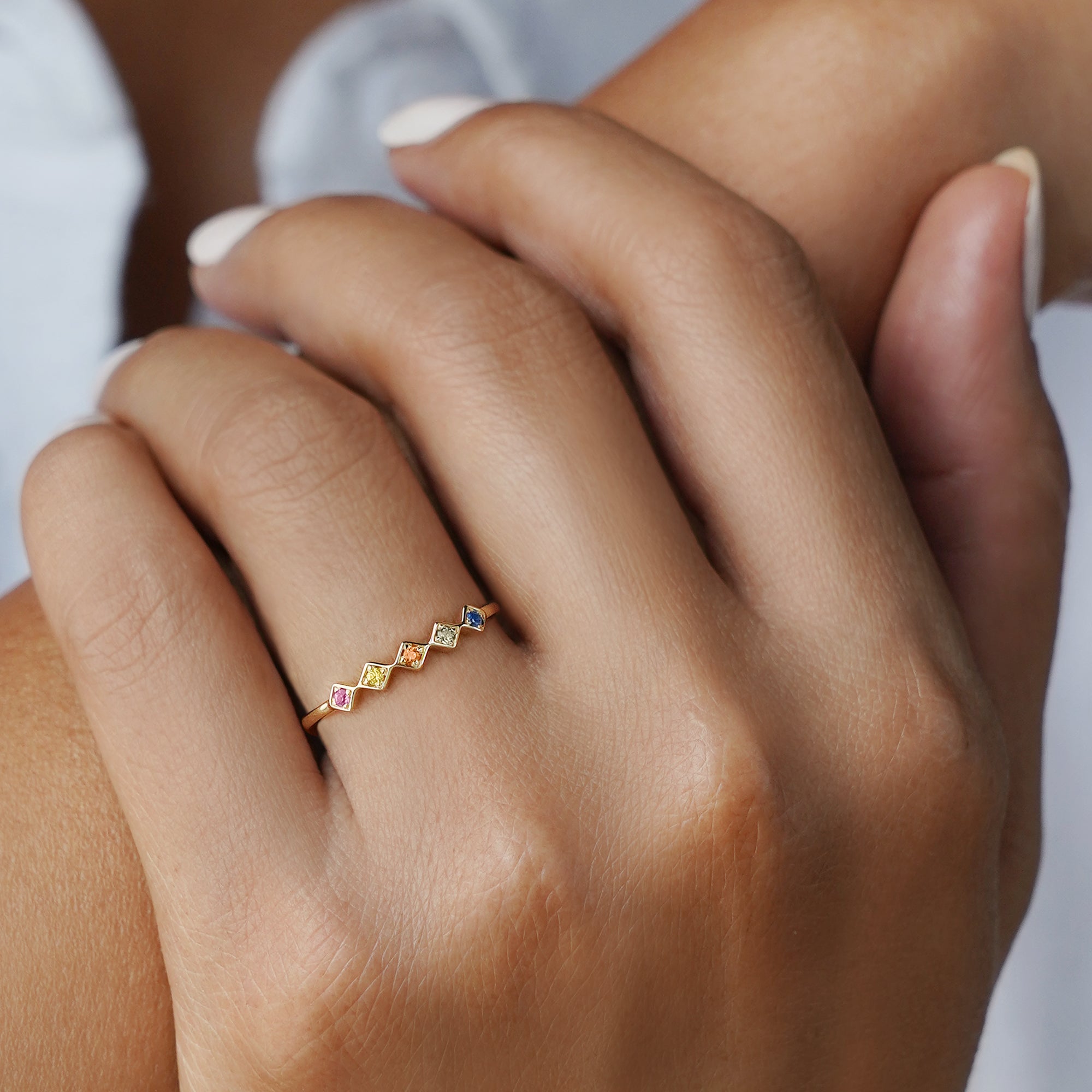 Multi-Color Sapphires Square Ring - Solid 14K Yellow Gold | BITS OF BALI JEWELRY