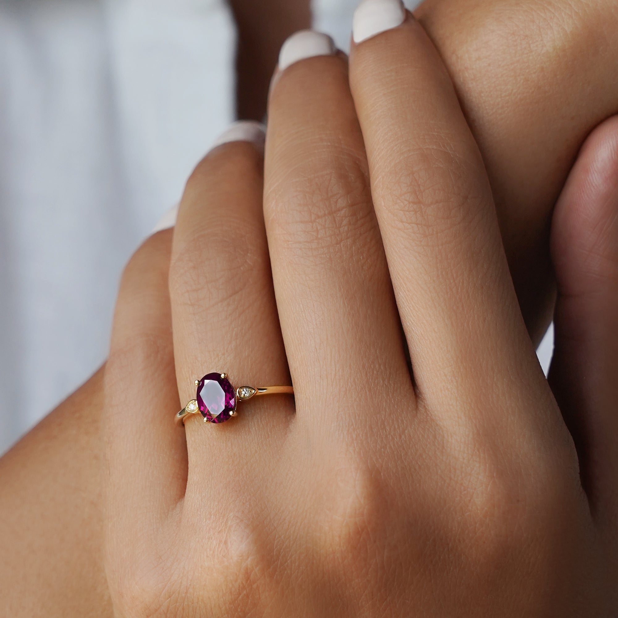 Rhodolite Garnet & Natural Diamond Ring - Solid 14K Yellow Gold | BITS OF BALI JEWELRY
