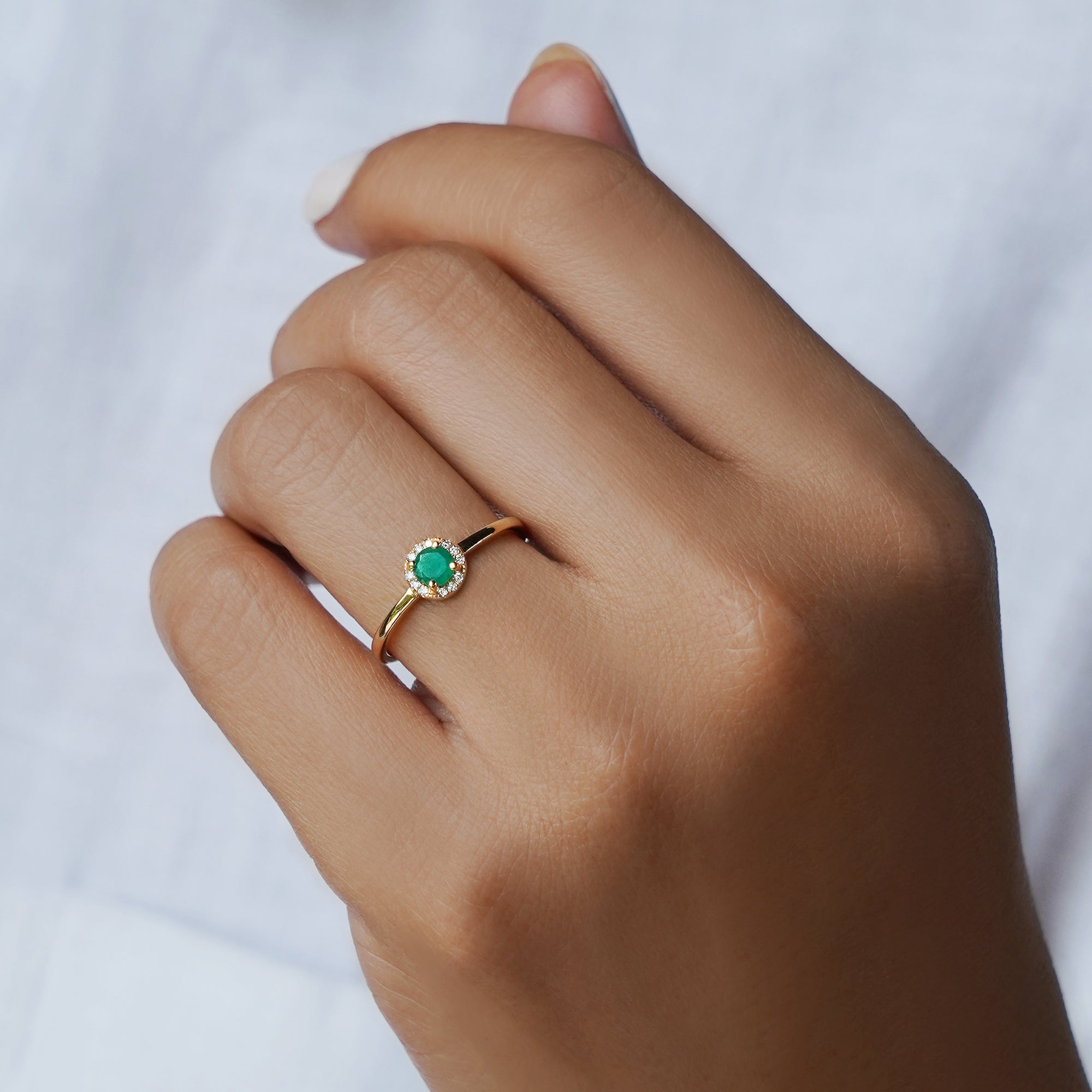 Round Zambian Emerald & Natural Diamonds Ring - Solid 14K Yellow Gold | BITS OF BALI JEWELRY