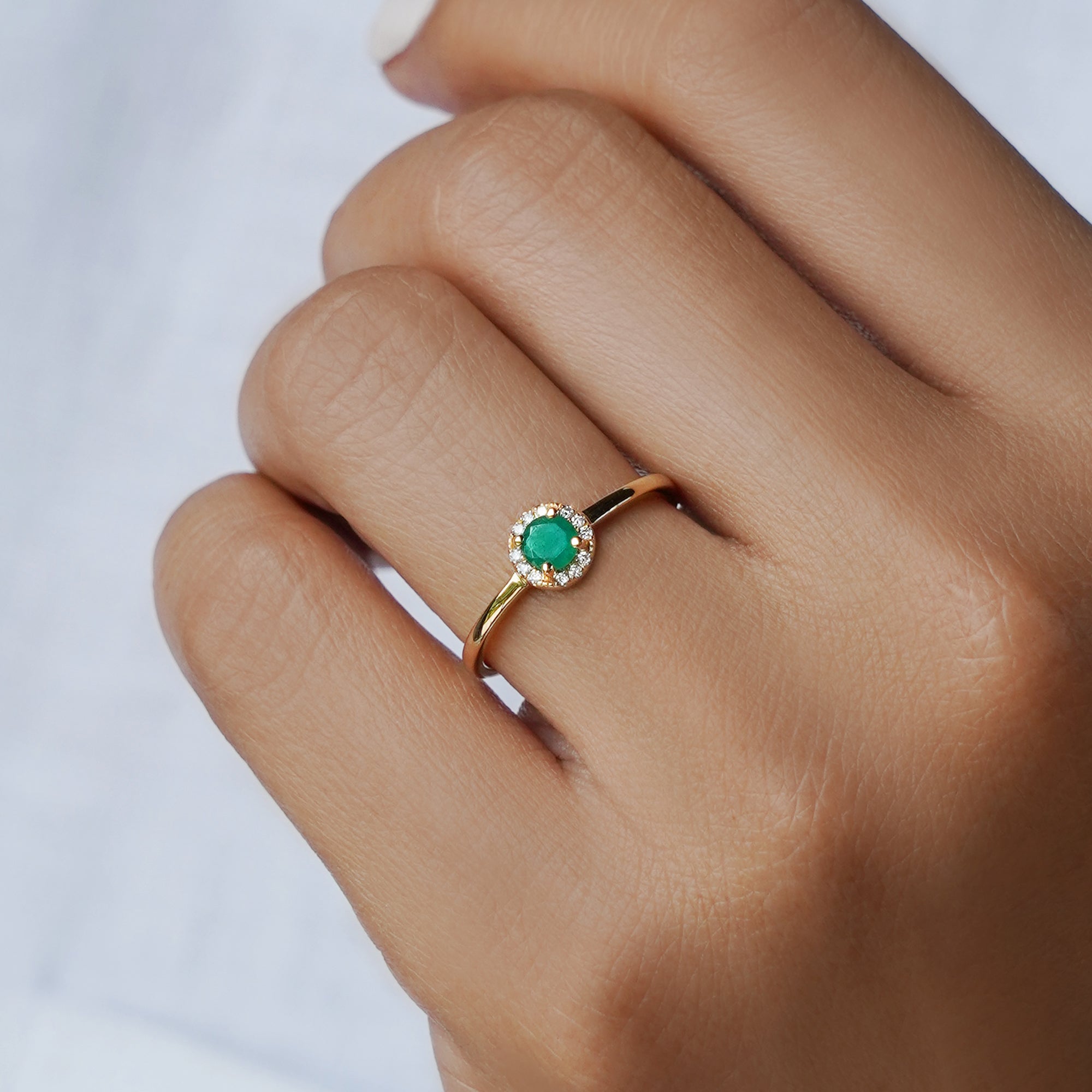 Round Zambian Emerald & Natural Diamonds Ring - Solid 14K Yellow Gold | BITS OF BALI JEWELRY