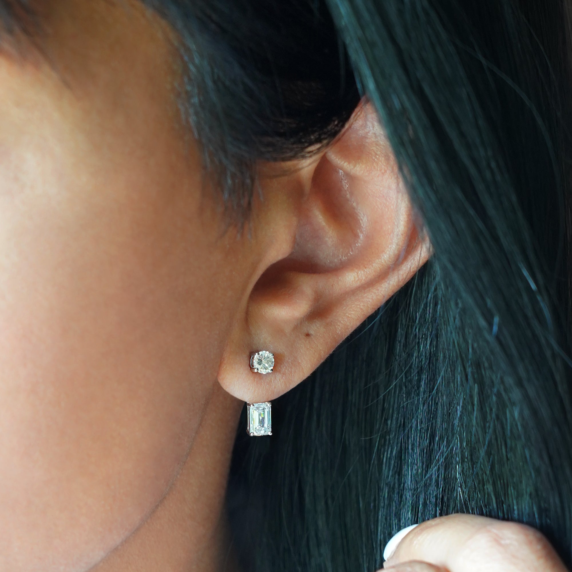 2 Carat Round & Emerald Cut Lab-grown Diamond Ear Jacket - Solid 14K White Gold.