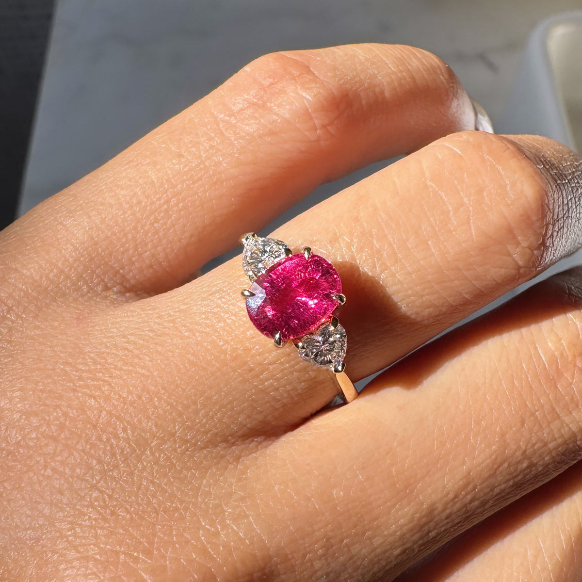 Rubellite with 2 Heart Side Diamond Ring - Solid 14K Yellow Gold | BITS OF BALI JEWELRY