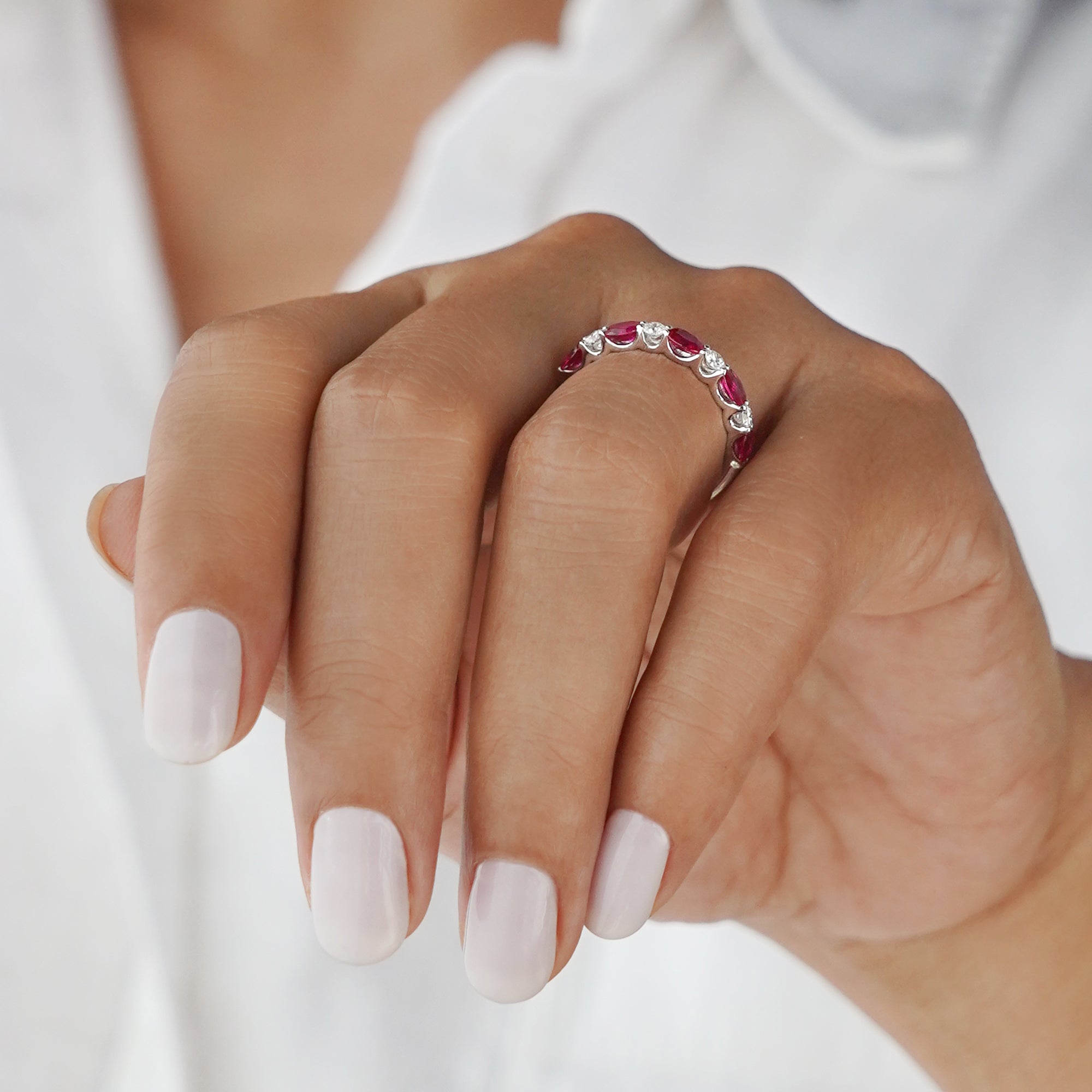 Half Eternity Ruby & Diamond Ring - Solid 18K White Gold | BITS OF BALI JEWELRY