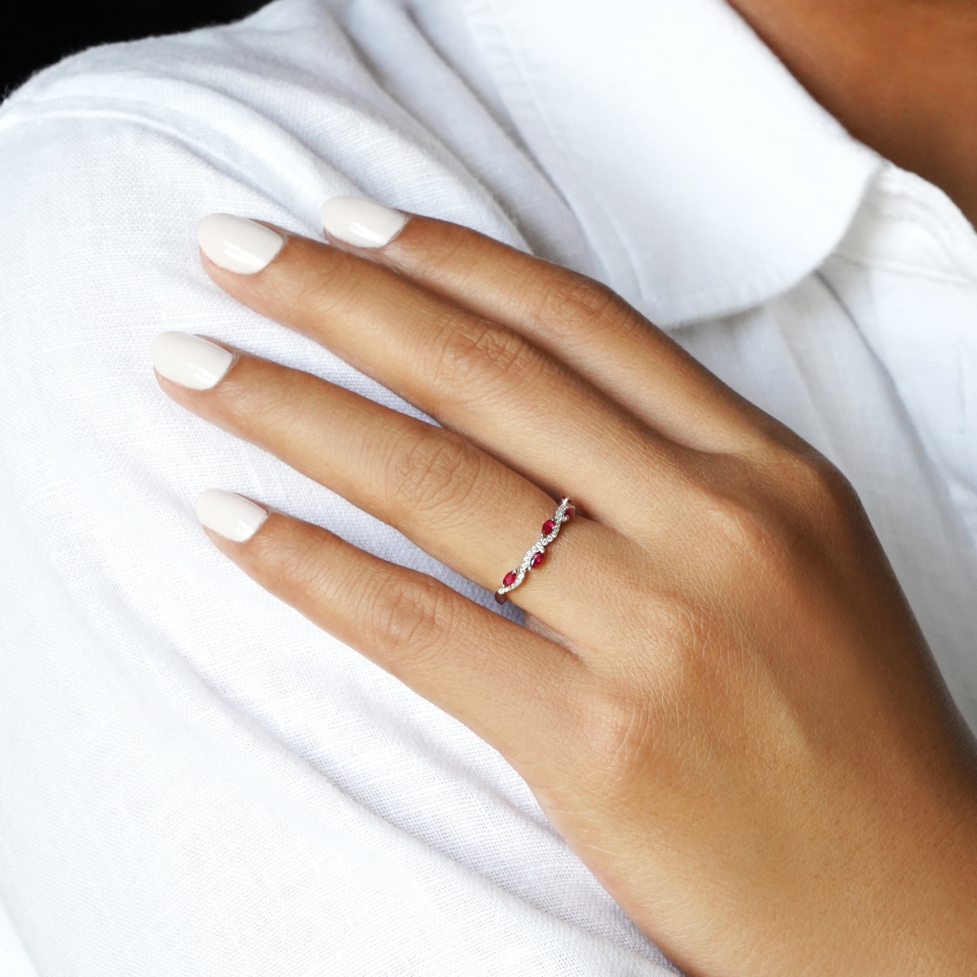 Marquise Ruby & Diamond Half Eternity Ring - Solid 18K White Gold | BITS OF BALI JEWELRY