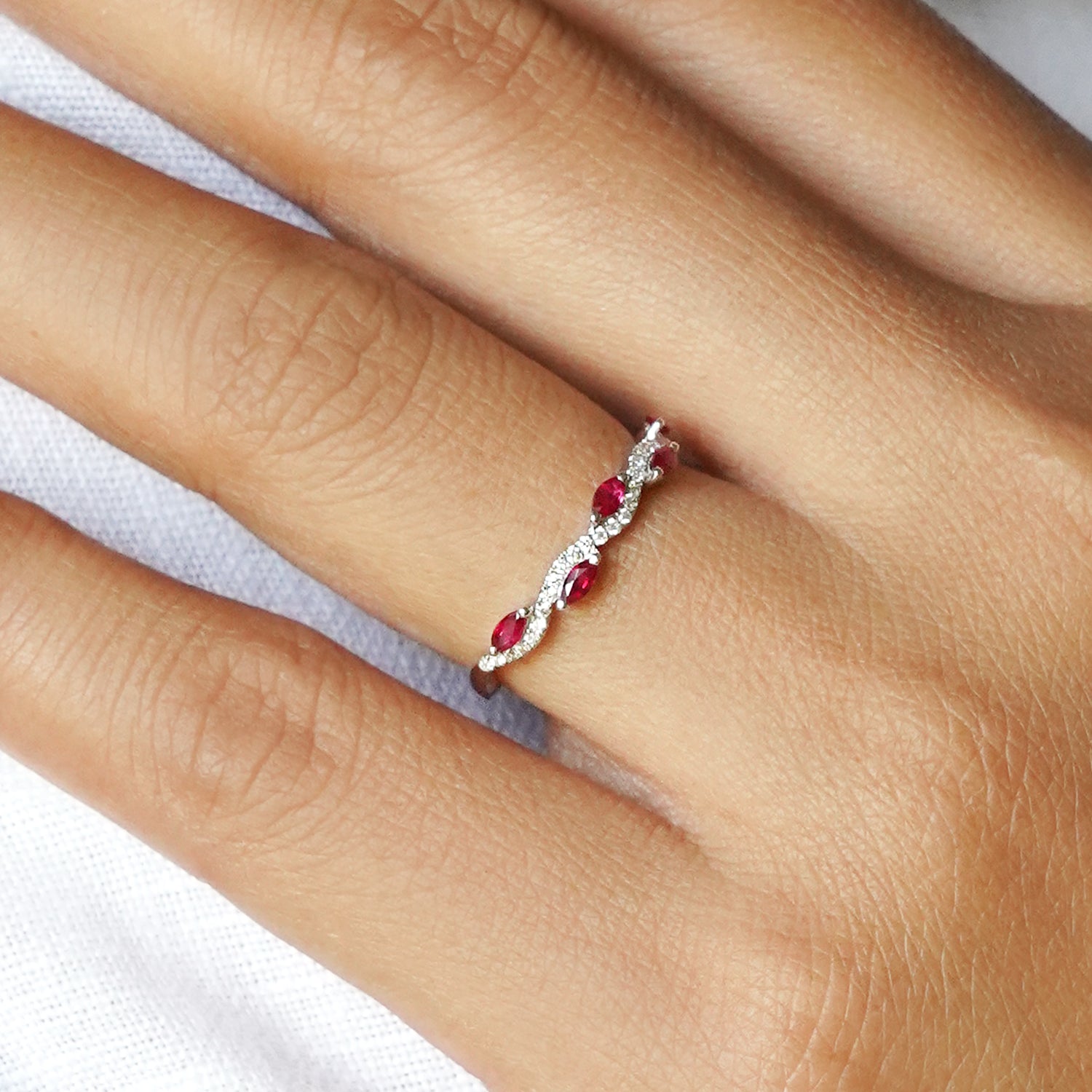 Marquise Ruby & Diamond Half Eternity Ring - Solid 18K White Gold | BITS OF BALI JEWELRY